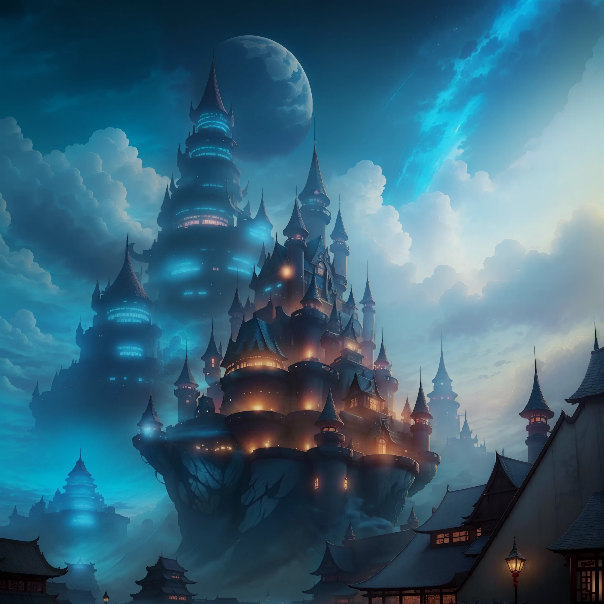 There is an image of an image of a city with a sky background, loading screen. 8K resolution, just visited during dreams, fantasy world concept, cyberpunk ancient chinese castle, in front of a fantasy city, from Bravely Default II, from NCSofil, charming and supernatural, travel announcement, set