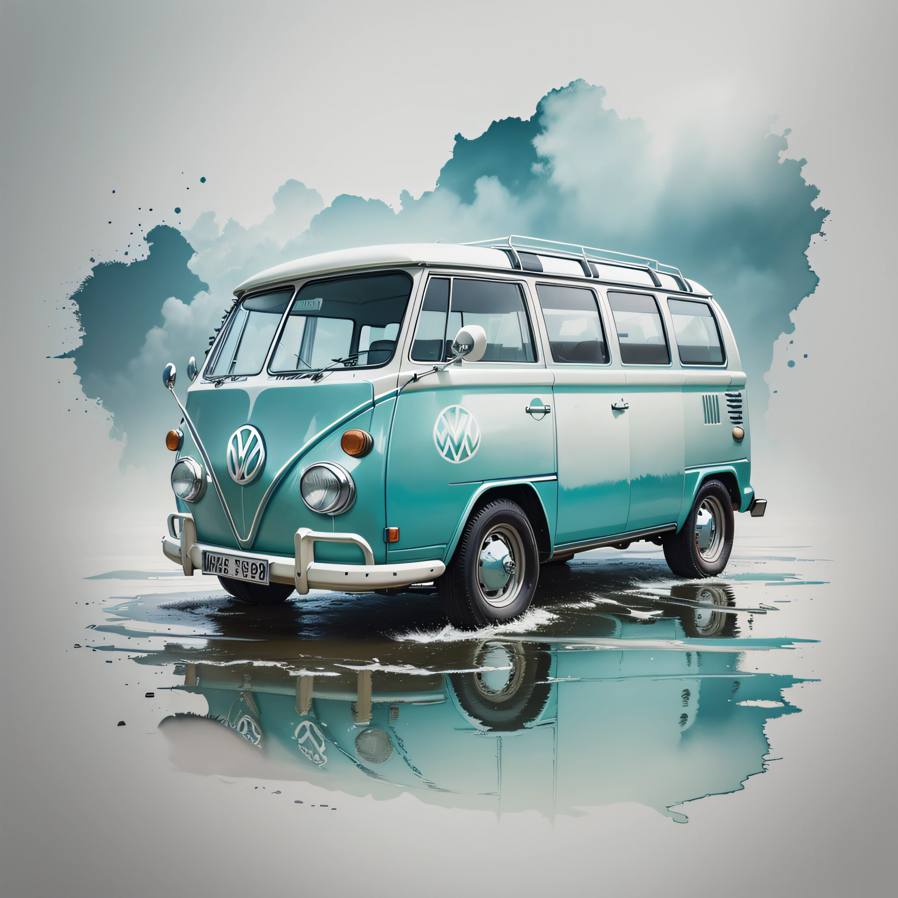 graphic design, flat design, Vw Kombi 1968 off-road, passing through a river. watercolor splashes, highly detailed clean, photorealistic masterpiece, professional photography, realistic car, White background, isometric, vibrant color vector --auto