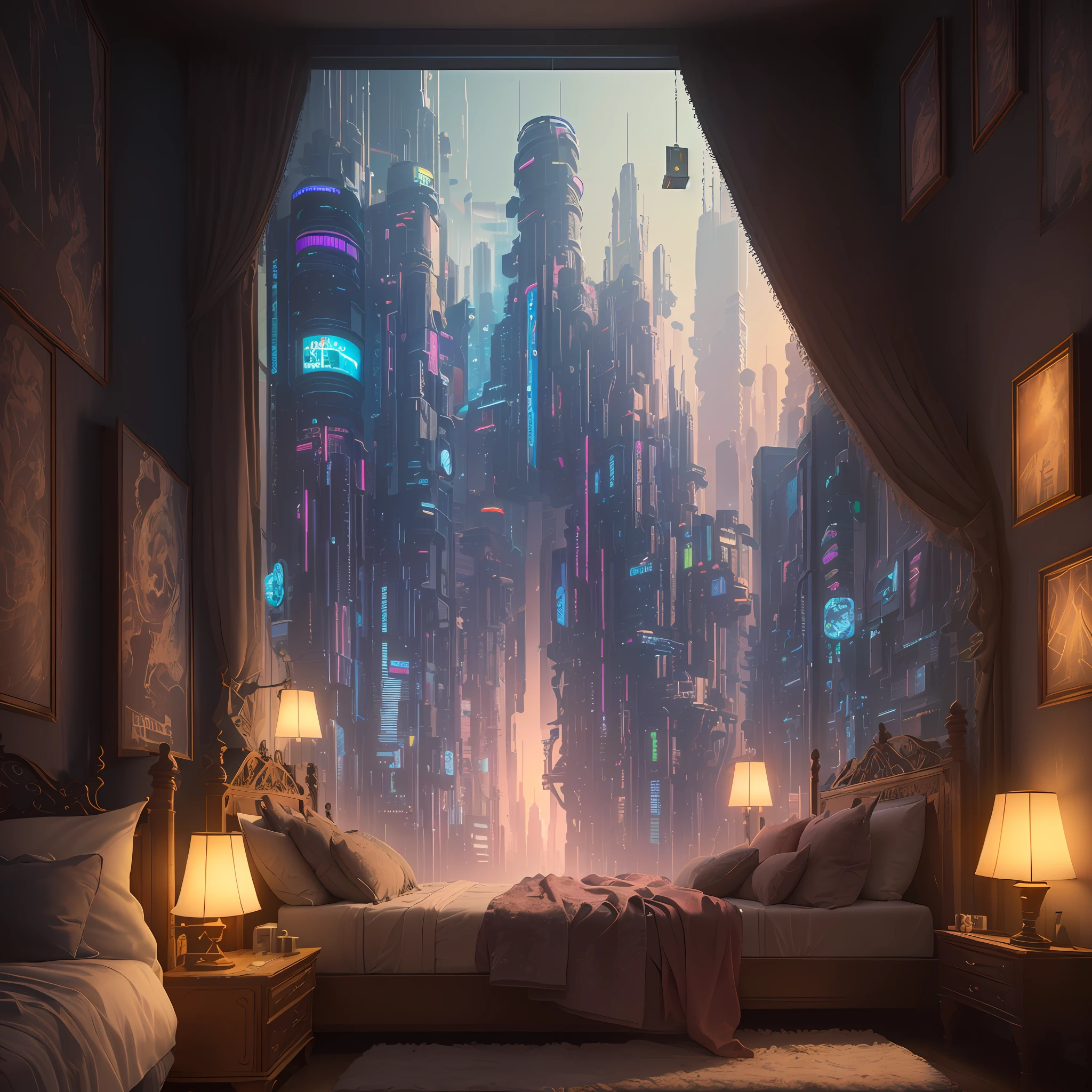 there is a bed with a city view in the background, cyberpunk bedroom at night, cyberpunk dreamscape, cyberpunk childrens bedroom, cyberpunk teenager bedroom, 3 d render beeple, the cyberpunk apartment, cyberpunk apartment, beeple rendering, arstation and beeple highly, in a cyberpunk themed room, in fantasy sci - fi city, inspired by Beeple