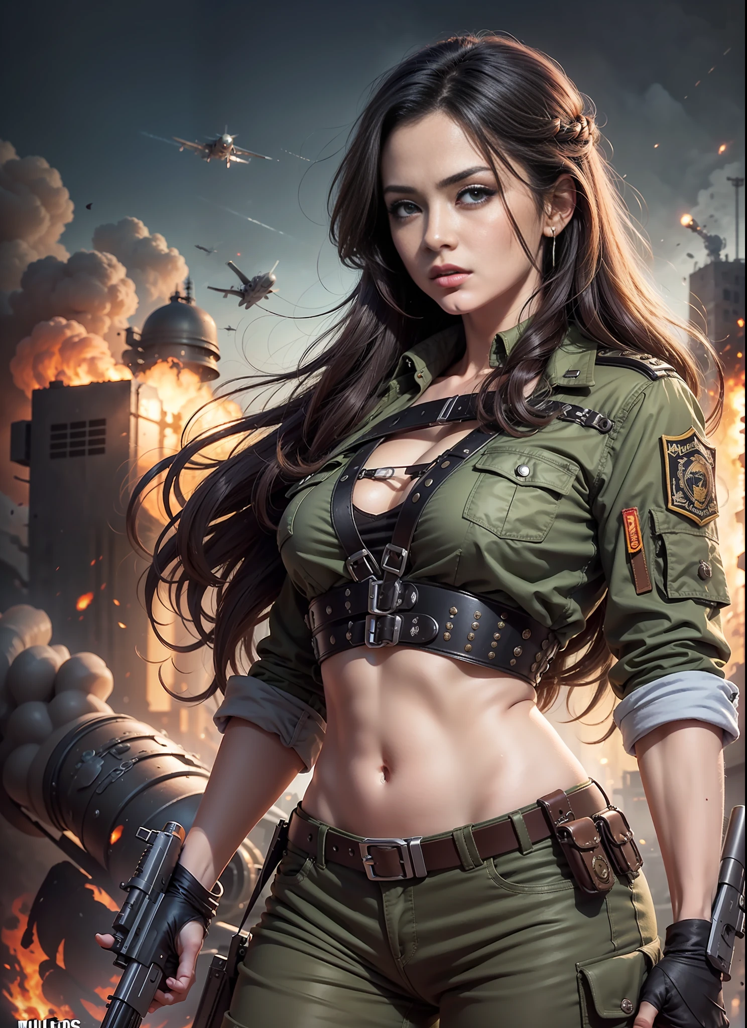 Movie poster commando Portuguese, mulher linda, medium dark long hair, with large gun in hand, roupa preta, rivets, Explosions, moto, Planes, just one body