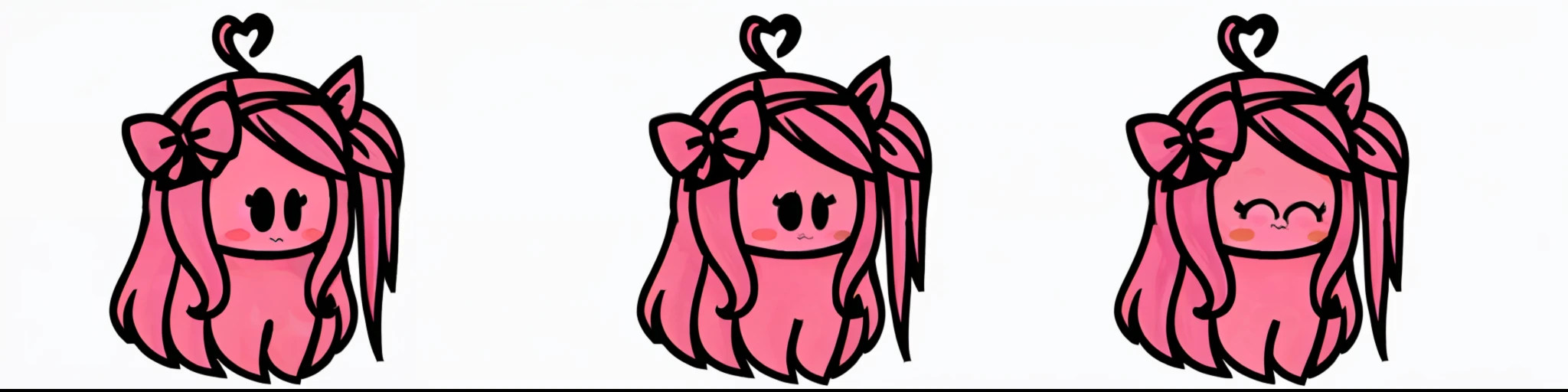 three pink horses with long manes and a black background, glowing pink face, pink iconic character, pink face, wearing pink hair bow, pink twintail hair and cyan eyes, cartoonish cute, cute character, pink girl, she has a cute face, chibi, ribbon in her hair, she has a cute expressive face, danbooru, smol, very cute