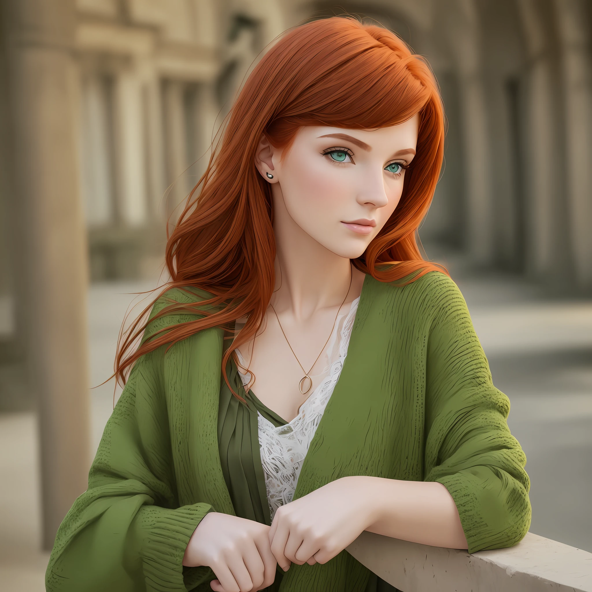 Woman, redhead, attractive, green eyes, realistic, 8k --auto --s2