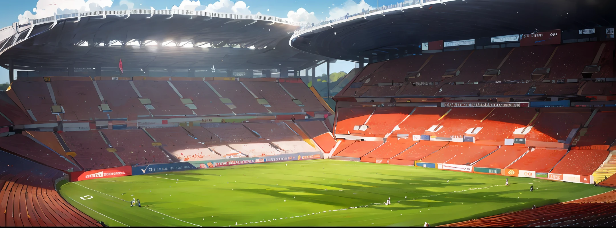Make a football stadium with the Liverpool symbol in the center, clima ensolarado e lotado de pessoas