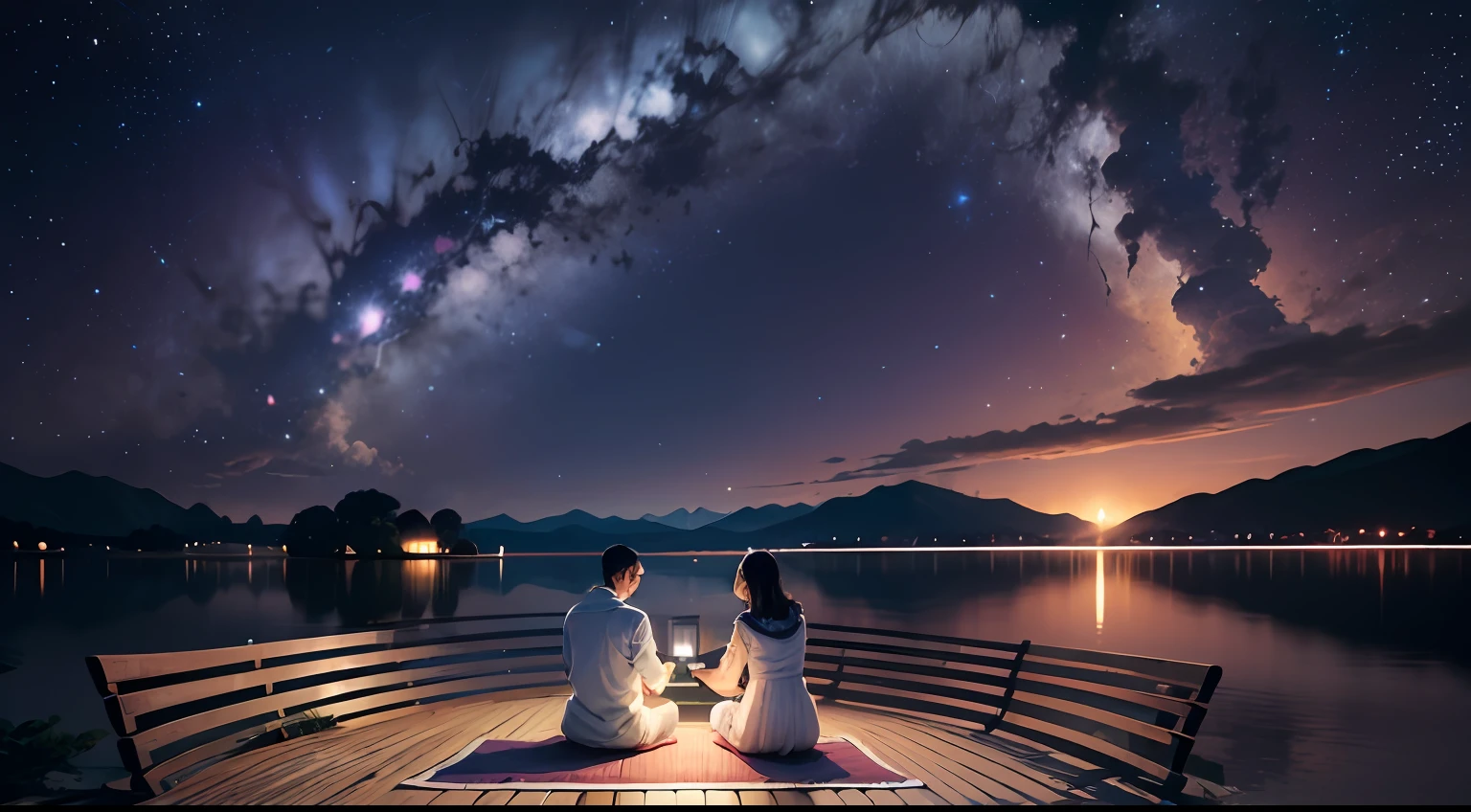 familia unida meditando, starry sky, casa ao fundo, uma fogueira --auto
