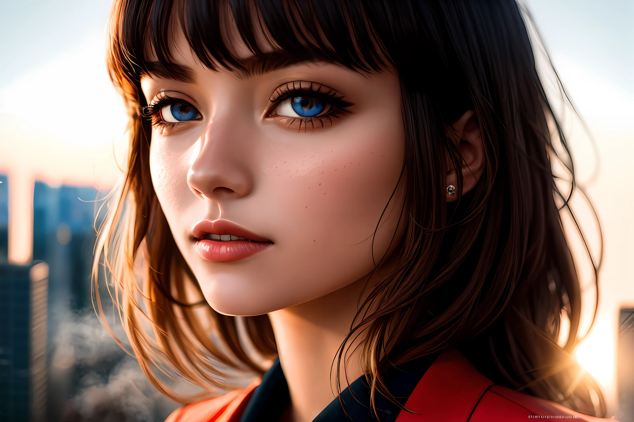 (1girl:1.3), Solo, (((Very detailed face)))), ((Very detailed eyes and face)))), Beautiful detail eyes, Body parts__, Official art, Unified 8k wallpaper, Super detailed, beautiful and beautiful, beautiful, masterpiece, best quality, original, masterpiece, super fine photo, best quality, super high resolution, realistic realism, sunlight, full body portrait, amazing beauty, dynamic pose, delicate face, vibrant eyes, (from the front), She wears devotional suit, red and black color scheme, spider, very detailed city roof background, rooftop, overlooking the city, detailed face, detailed complex busy background, messy, gorgeous, milky white, highly detailed skin, realistic skin details, visible pores, clear focus, volumetric fog, 8k uhd, DSLR, high quality, film grain, fair skin, photo realism, lomography, futuristic dystopian megalopolis, translucent