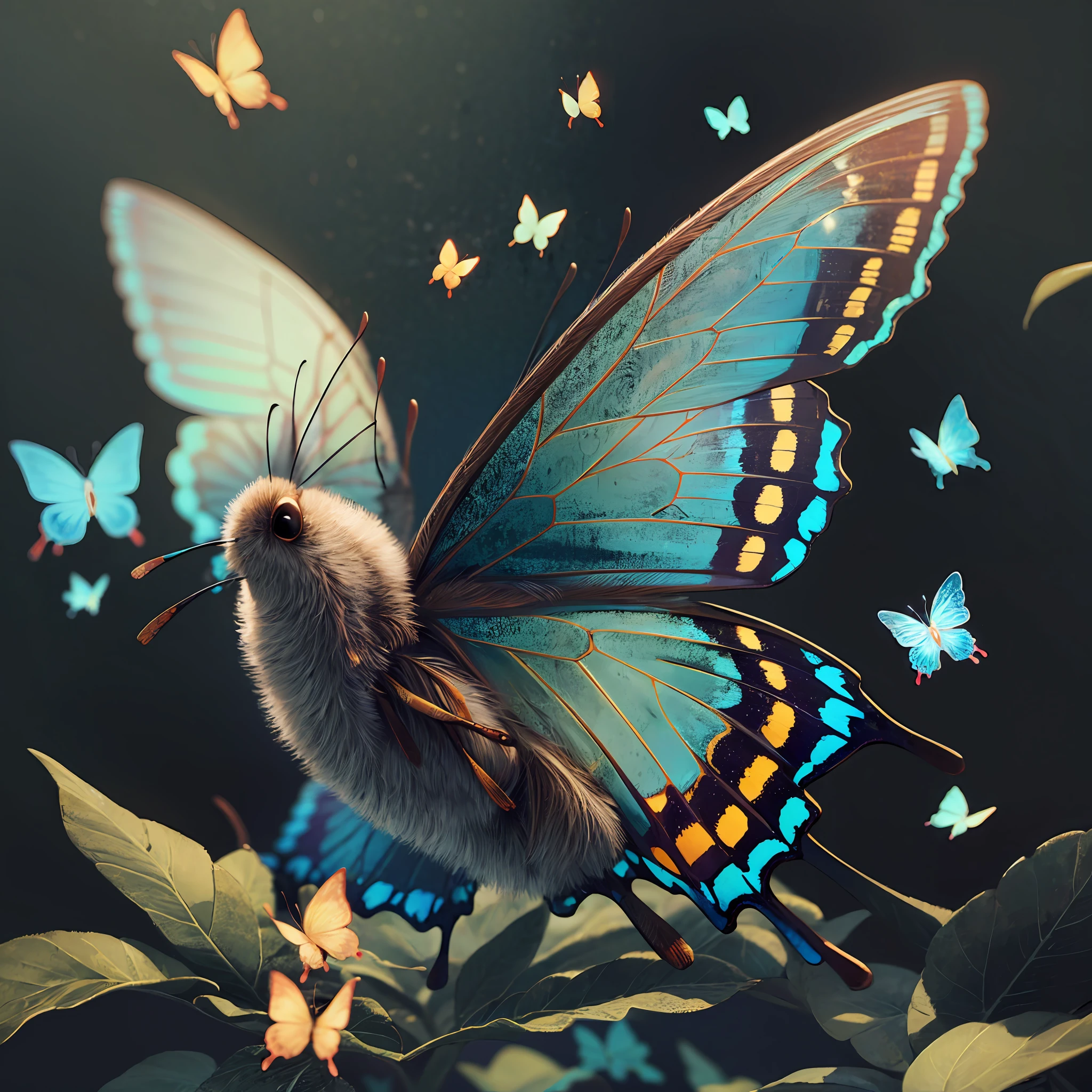 (one very big fluffy woolen realistic butterfly:1.2), many magic details, wonderful natural color scheme, (no humans:1.4)
