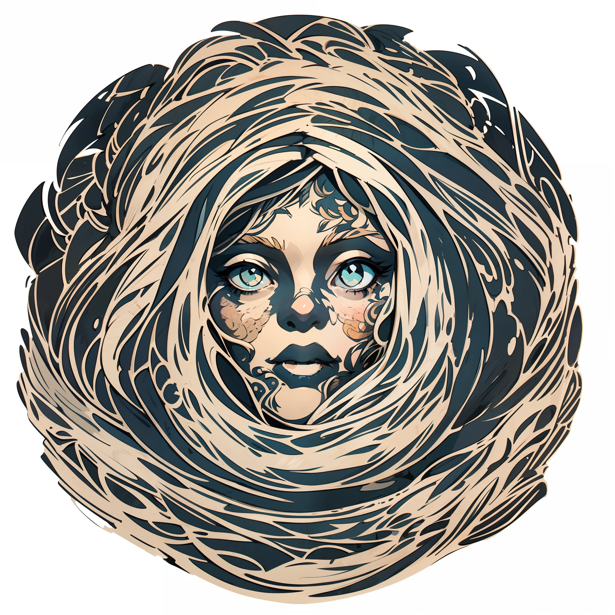 build main element options, a close up of a drawing of a woman's face with a circular design, woodcut art, woodcut print, beautiful high contrast woodcut, woodcut style, linocut art, blue woodcut print, james r. eads, woodcut, a woodcut, (screen print), intricate portrait design, high contrast wood engraving, linocut print