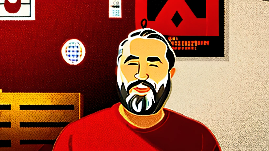 there is a man with a beard and a red shirt,  frontal picture, cartoon