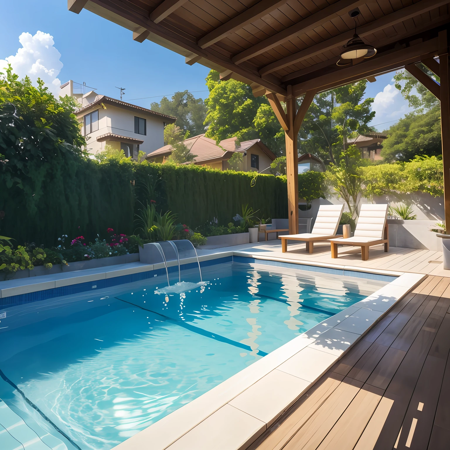 there is a pool with a fountain in the middle of it, rectangular pool, small wellness relaxation pool, well-designed masterpiece, backyard, full colour, shutterstock, outstanding detail, crisp smooth clean lines, perfectly detailed, crisp smooth lines, detailed surroundings, poolside, immaculately detailed, swimming pool, accurately portrayed, professional unique masterpiece, swimming pool in front