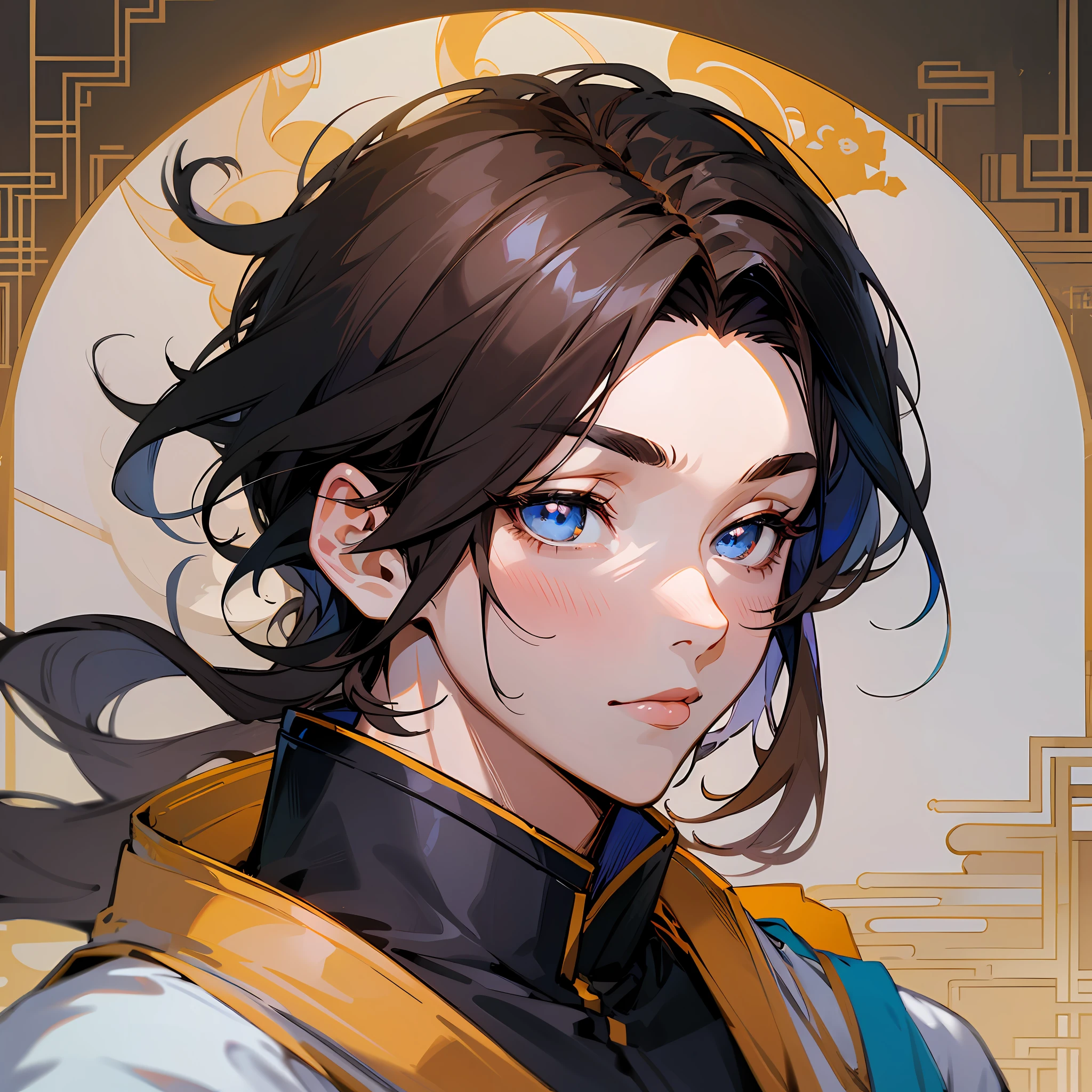 androgynous and delicate medieval man, Estilo anime, segurando arco e flecha, com roupas vermelhas e detalhes em dourado, com longo, cabelo preto solto, messy bun, usando brincos grandes, with a calm expression and showing his tongue, dentro de uma floresta, com uma cocoruja branca no ombro, olhos na cor rosa claro --auto