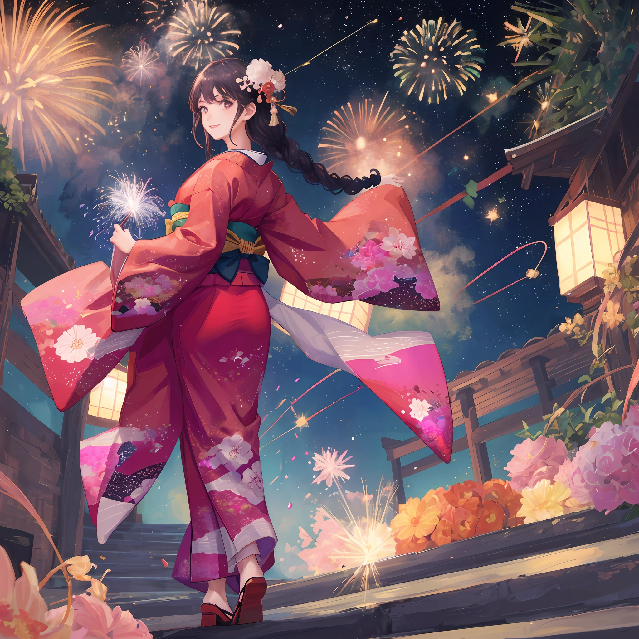 (One beautiful girl in an exquisite Japanese-style kimono)、behind、、、Big Buttocks、解像度350px、サイズ2000px×2000px、(Master peace)、Space and fireworks、brunet、Braids、clean neck、Pink Lips、smile、Crystal clear panty line、((A sexy))、
