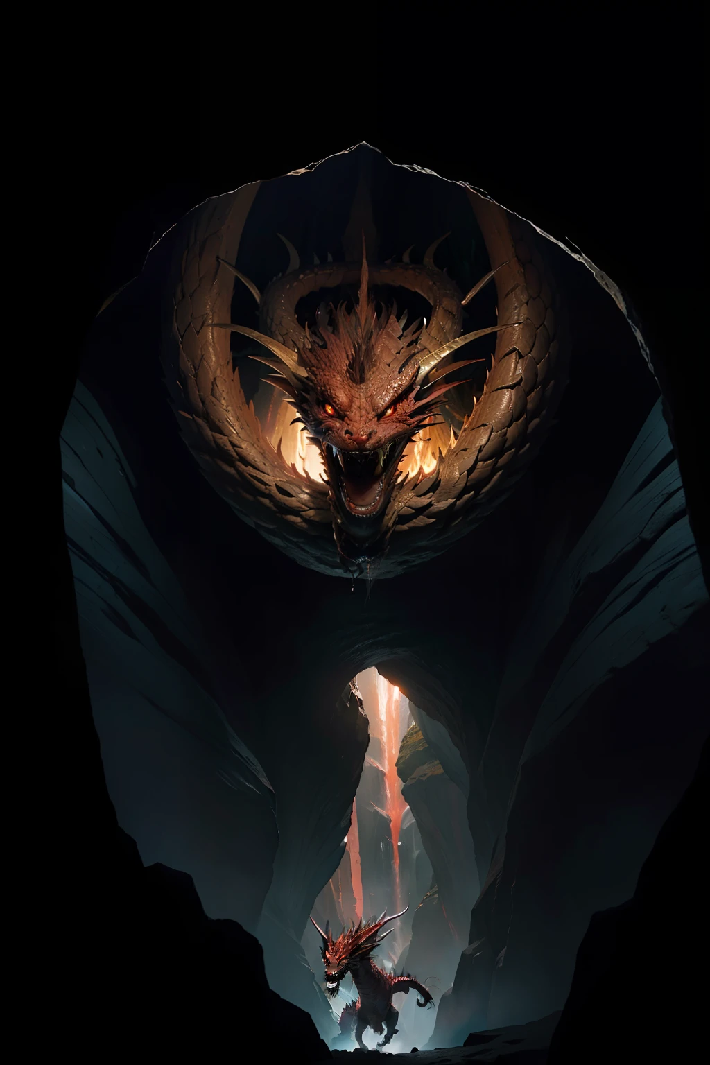 Melhor qualidade, obra-antes, ultra alto nada, (fotorrealista: 1.4), A large red dragon, apenas revelando seu rosto e olhos, empoleirado na borda de uma enorme caverna. Its eyes are dark and gleaming, emanating an aura of mystery and intrigue.