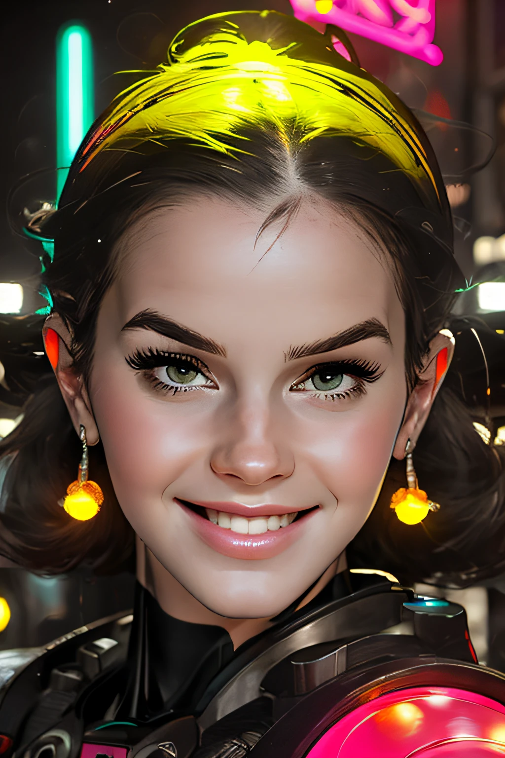 style, robot, (neon lights: 1.1), bright colors, (thepit bimbo :0.5), bright, sexy,

[Lana Del Rey| Emma Watson],, looking at the viewer, smile, symmetrical, centered, closeup, extreme closeup, upper body, cleavage focus,
milf, female, athletic, fit, tall, tanned skin, European, minidress, lively, smile, glowsticks, disco,
golden outline,
[(color colors of psychedelic explosion painting:1.1)::0.125],
iridescent, chromatic aberration, studio lights, bright light, glowing skin,
realistic, realistic, photo-realistic, 8k, highly detailed, body proportions,
led light, laser lights, grumpy