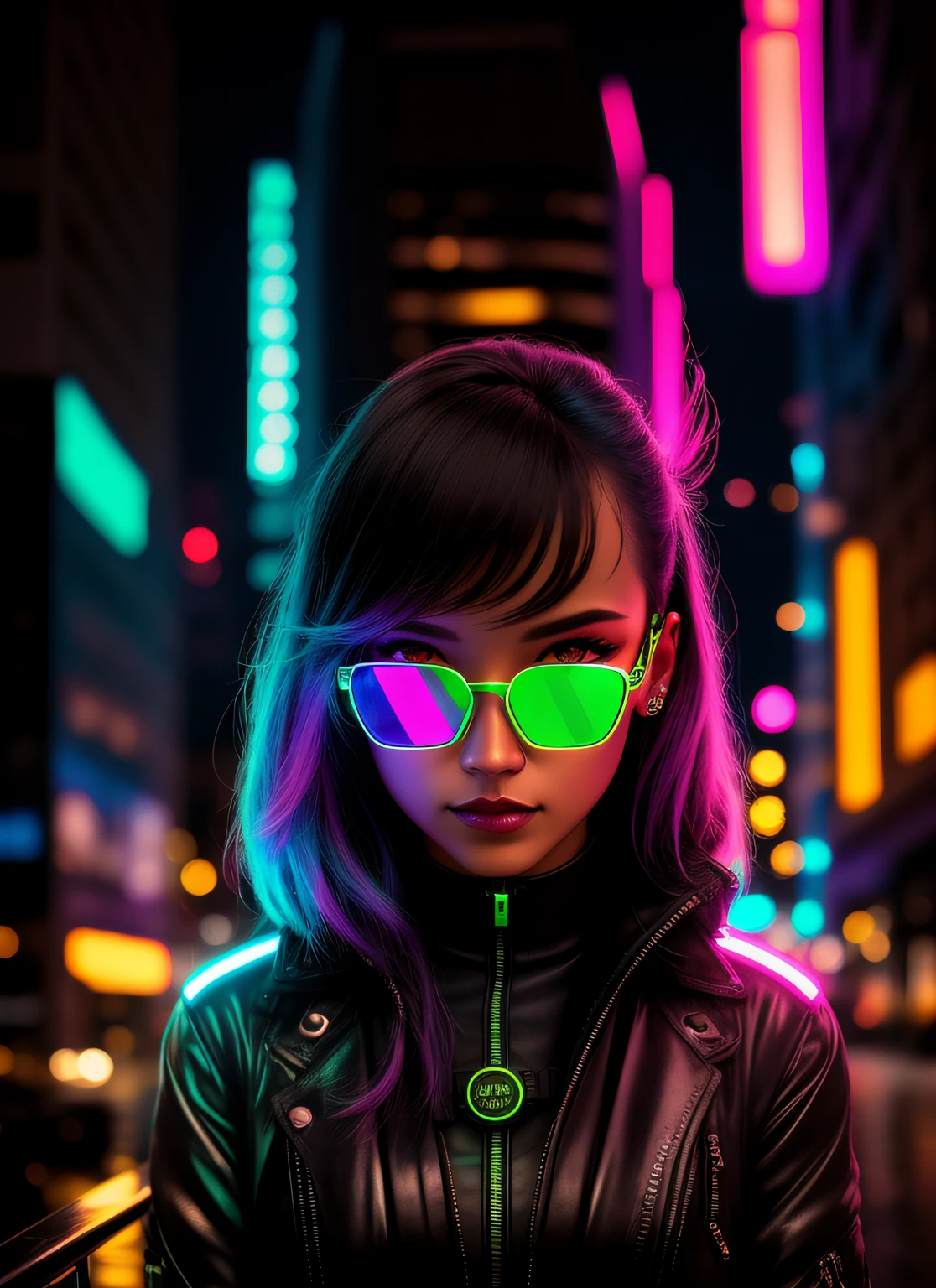 Uma foto de obra-Prize-A Cyborg Woman's winning cousin with psychedelic colors standing on a city street at night in the rain, usando neon-vidros coloridos brilhantes, 8k, (alta qualidade: 1.1), (cinematic feel: 1.1), sombras escuras e profundas , detalhamento incrivelmente intrincado, arte , (de perto: 1.1), de cima, olhando para o observador, (brilhantes de luz: 1.1), (aberration Chromatic,: 1.2) fundo com artefatos de luz flutuantes