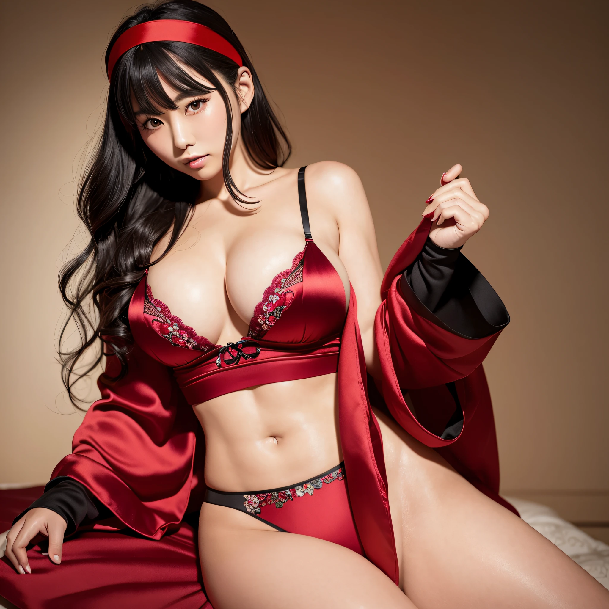 Beautiful Japanese woman, silk bra, panties, silk robe, black hair, wavy hair, red headband, masterpiece, large breasts , photorealistic, satin gloves