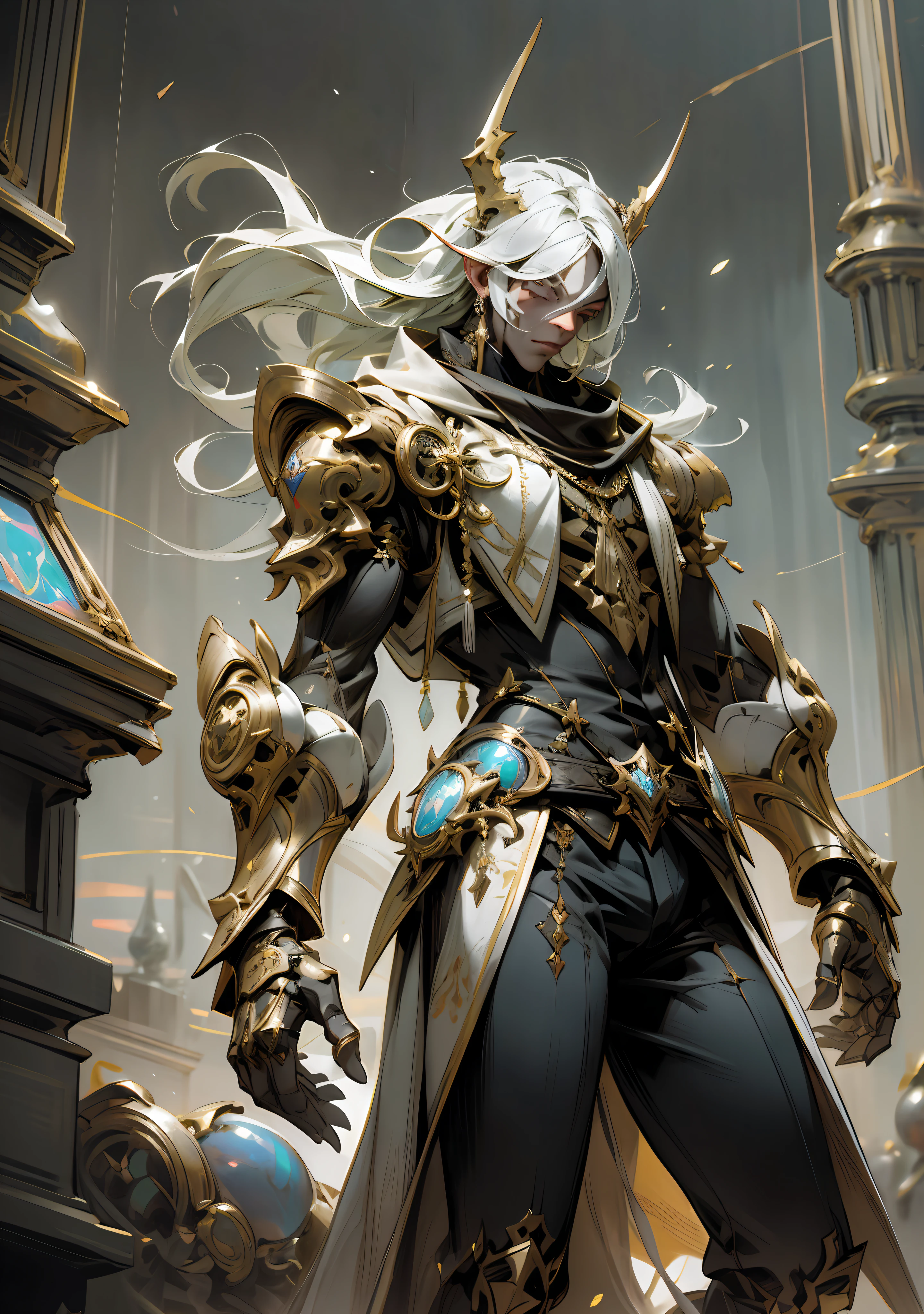 Style by Style-Empire, Style-Adventure, (symmetry:1.1) (floral portrait:1.05) a demon man, (assassins creed style:0.8), verbetter and gold and opal color scheme, intricate, elegant, highly detailed, digital painting, artstation, concept art, smooth, sharp focus, illustration, art by greg rutkowski, 8k (Style-Adventure:0.3), macabre effects, particle effects, ray tracing, masterpiece, best quality, ultra quality,  Absurd details, better light, better shadow, sharp, sharp image, detailed, extremely detailed, great resolution, 8K, 4K, UHD, Detailed robot, (full body)