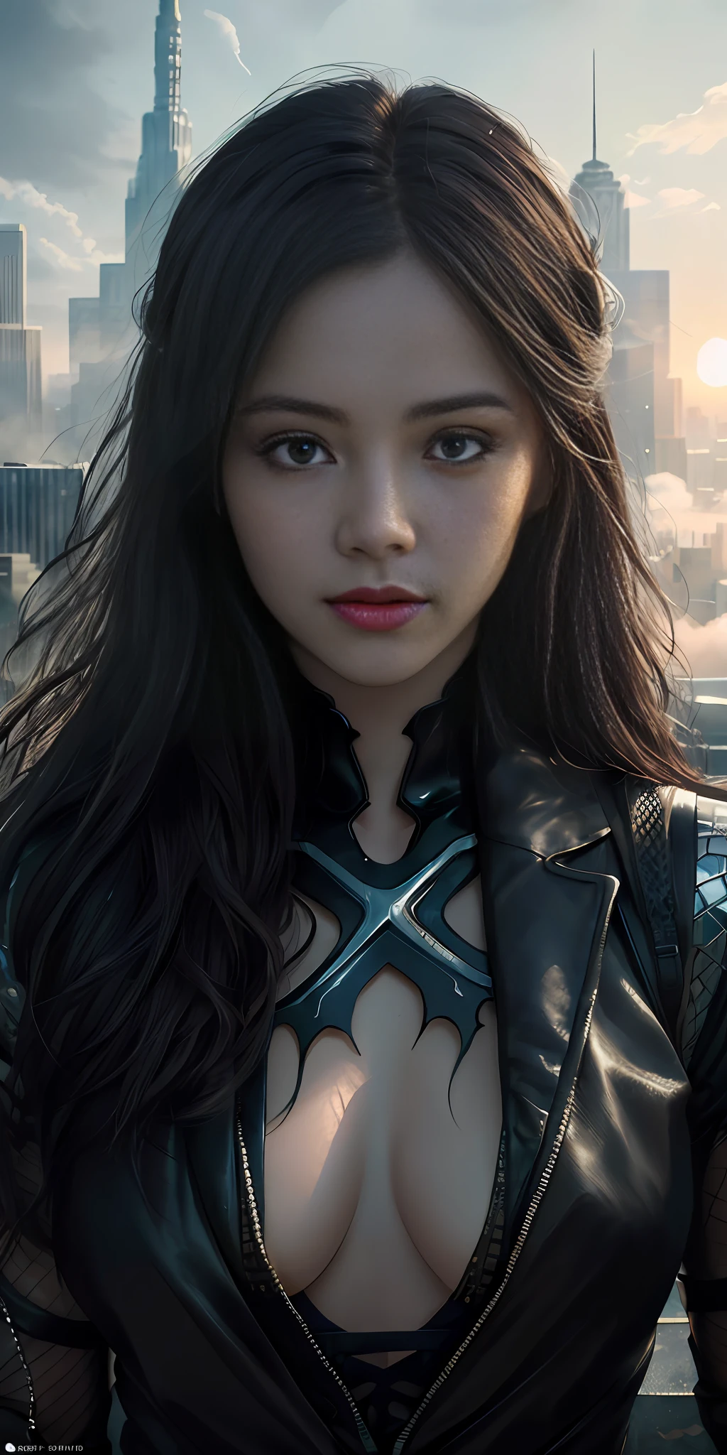 （1girl：1.3）， solo， （（（very detailled face））），（（Very detailed eyes and face））），Beautiful Detail Eyes，Body parts__，OFFICIAL ART，统一的8k壁纸，is super detailed，Beautiful and beautiful，beutiful，Masterpiece、，best qualitc，primitive，Masterpiece、，Super Fine Photo，best qualitc，resoulution ultra-Highresolution，Realistic realism，sun shine，fullbody portrait，stunningly beautiful，，Dynamic Poses，Exquisite Face，Vibrant Eyes，（from front）， She has a venom symbiote attached to her，a muscular ，Very detailed city roof background， Roof，overlooking the city，Detailed face，detailed complex busy background，untidy，ornate，milky white lewd，Highly detailed skin，realistic skin details，Visible pores，crisp focus，volumetric fog，8k uhd，dslr，high  quality，filmgrain，faired skin，Photo realism，cmlogout，A huge metropolis of the dystopia of the future， translucence