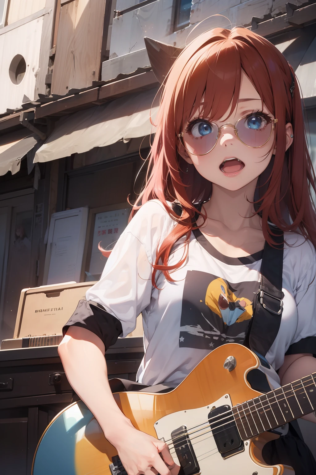 (masterpiece), (best quality), (ultra-detailed), Girl, superstar, rage, playing guitar, long red hair, blue eyes, Sunglasses