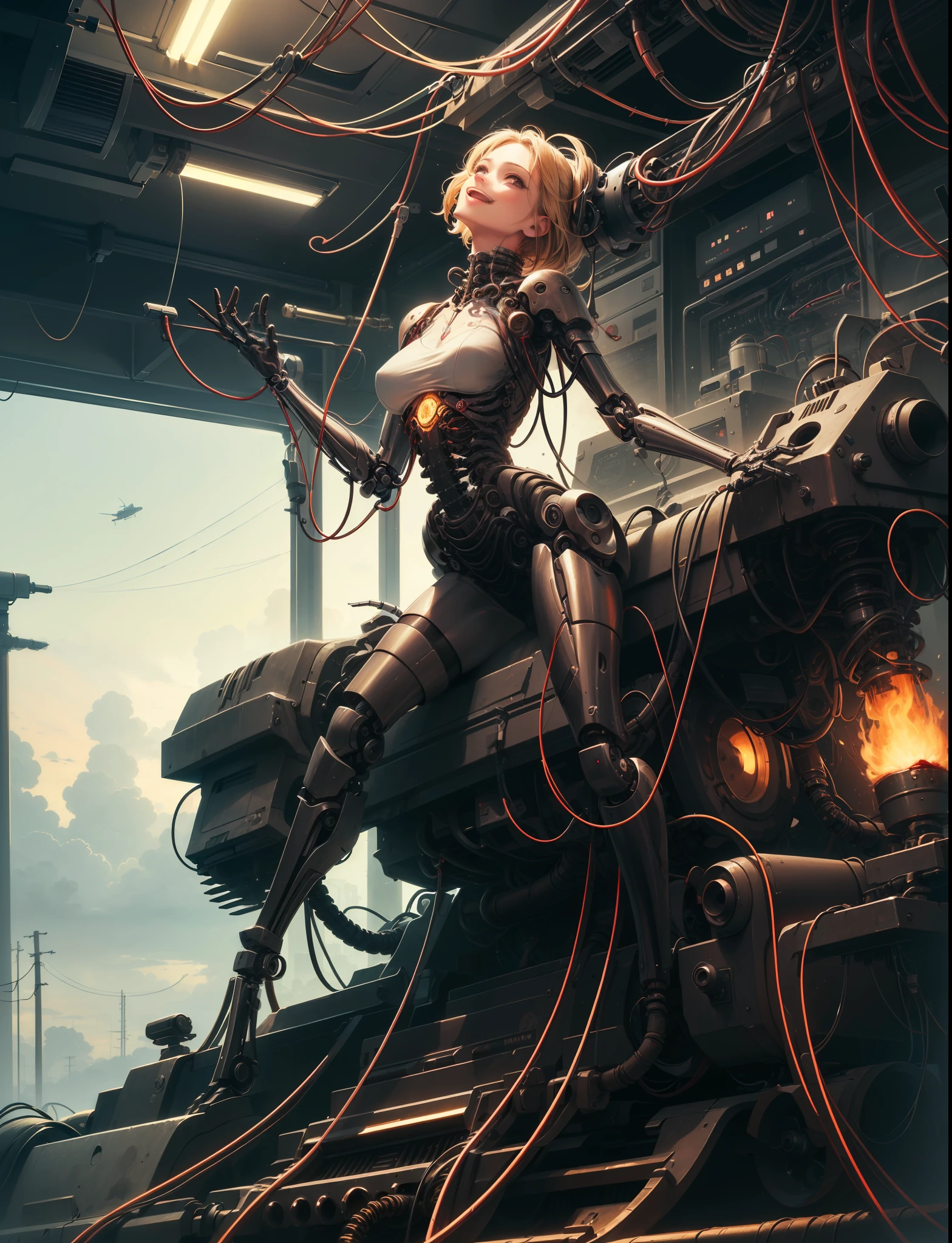 (((masterpiece))), ((((best quality)))), (((ultra-detailed))), (highly detailed CG illustration), (((BIG SMILE))), ((an extremely delicate and beautiful face)),(cute and delicate face), cinematic light, ((1 mechanical girl)), solo, whole body, (machine-made joints: 1.4), ((mechanical limbs)), (blood vessels connected to tubes), ((mechanical vertebra attached to the back)), ((mechanical cervial attached to the neck)),((sitting),without expression,(wires and cables attached to the head and to the head) and the body: 1.5),(focus on character),science fiction