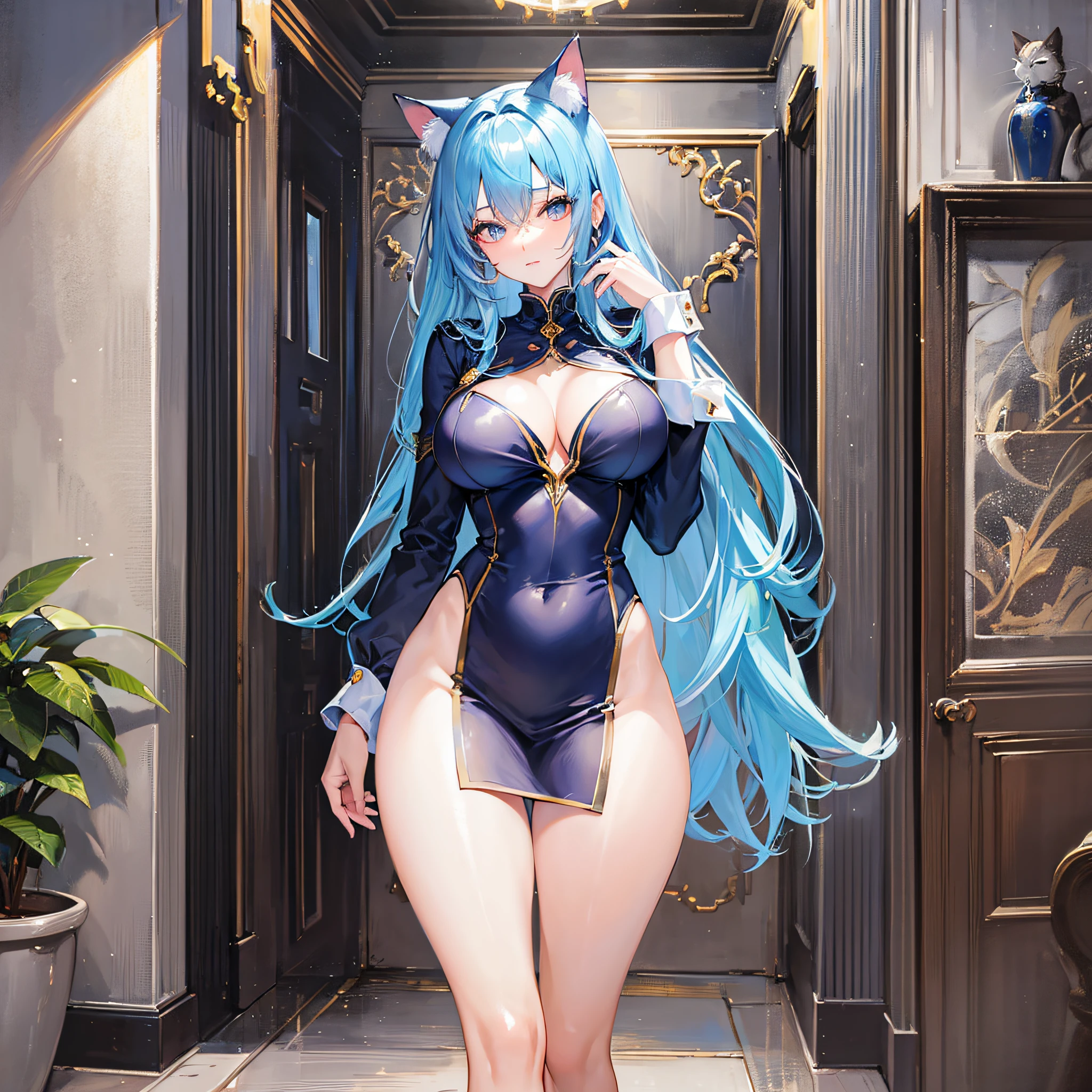 Absolutely beautiful cat lady, perfect slim body, mature, sky blue hair, royal sister face, uniform, sexy and alluring, beautiful face, full body portrait, standing pose, 4K picture quality, big body, feminine expression, blush shyness, outrageous bust, deep eyes,
