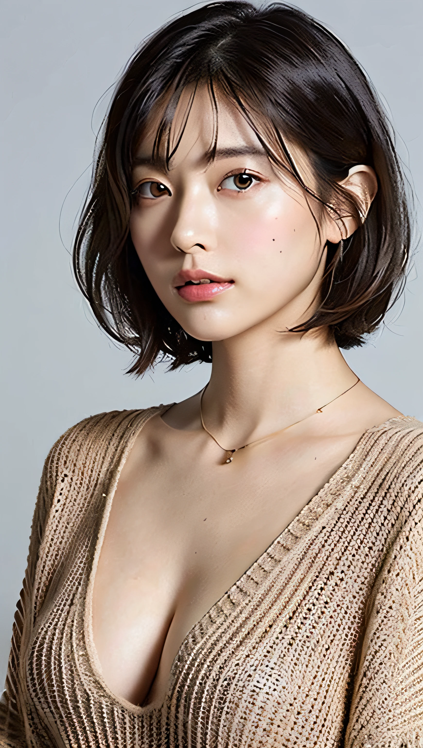 (Best quality, 8k, 32k, Masterpiece, UHD:1.2),Photo of Pretty Japanese woman, large breasts, very short bob hair,upper body,face focus,oversized_sweater, necklace, simple background, from above, looking at viewer,