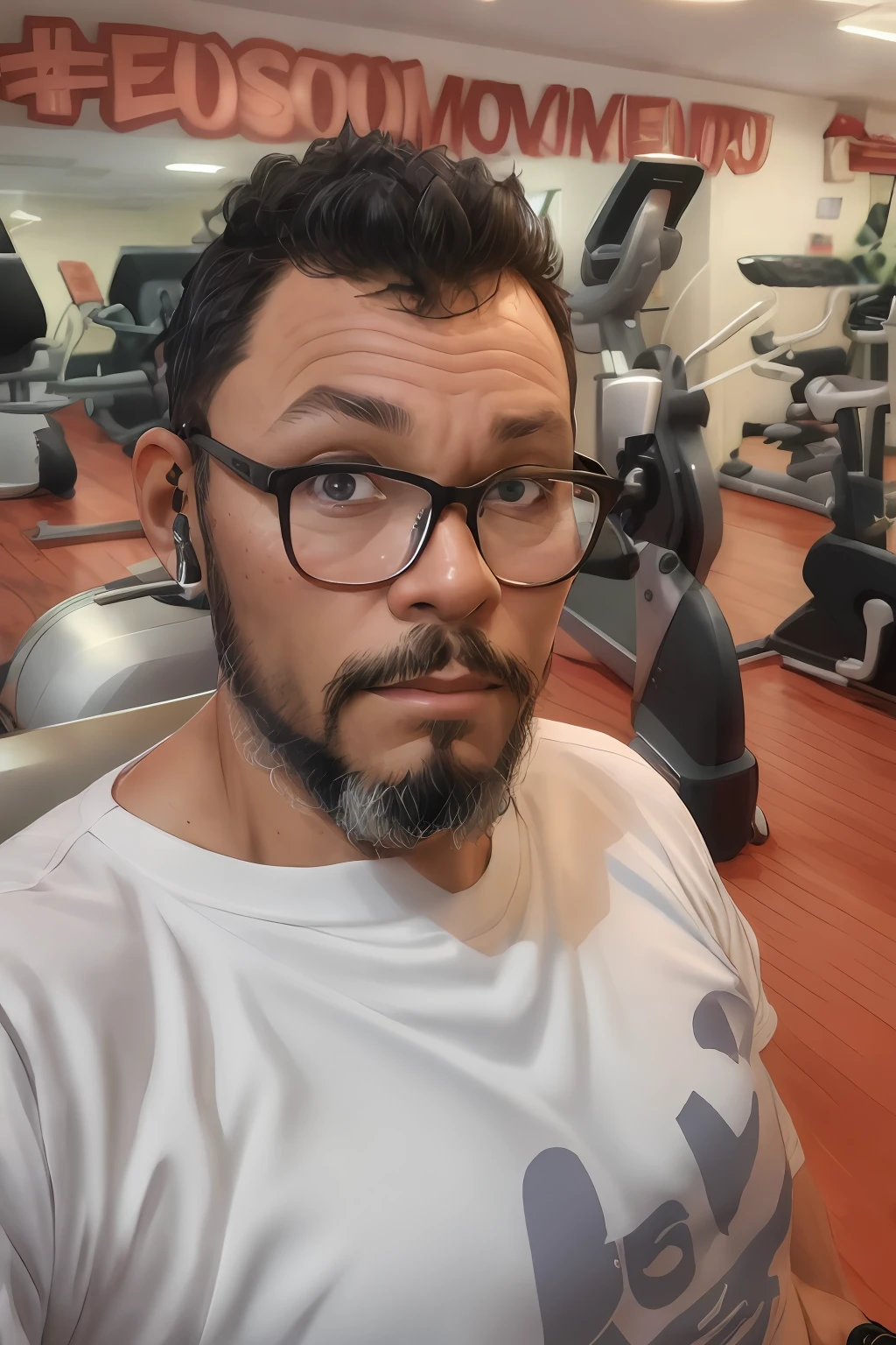 ((estilo desenho animado)), vetor, chapado, there is a man with glasses and a beard in a gym, em uma academia, malhar, 4 0 years old man, 38 years old, rosto suado, 45 years old men, with nerdy glasses and goatee, 5 0 years old man, suando muito, 3 6 years old, in good physical shape, 8k selfie photograph