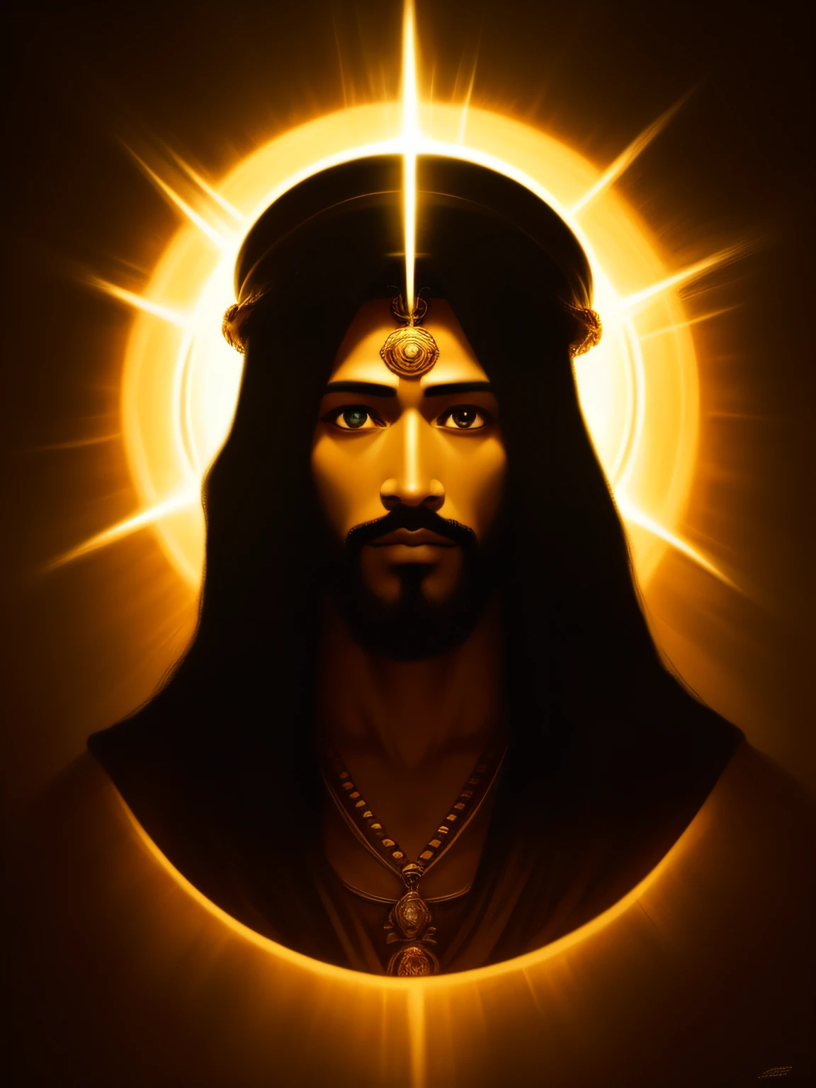 Highly detailed portrait of a sun god Jesus Christ halo of light, Black Jesus, ouro, motor irreal, arte de mark ryden, peixe perdido, conde norem, global illumination, raios divinos, ambiente detalhado e intrincado, estilo anel antigo