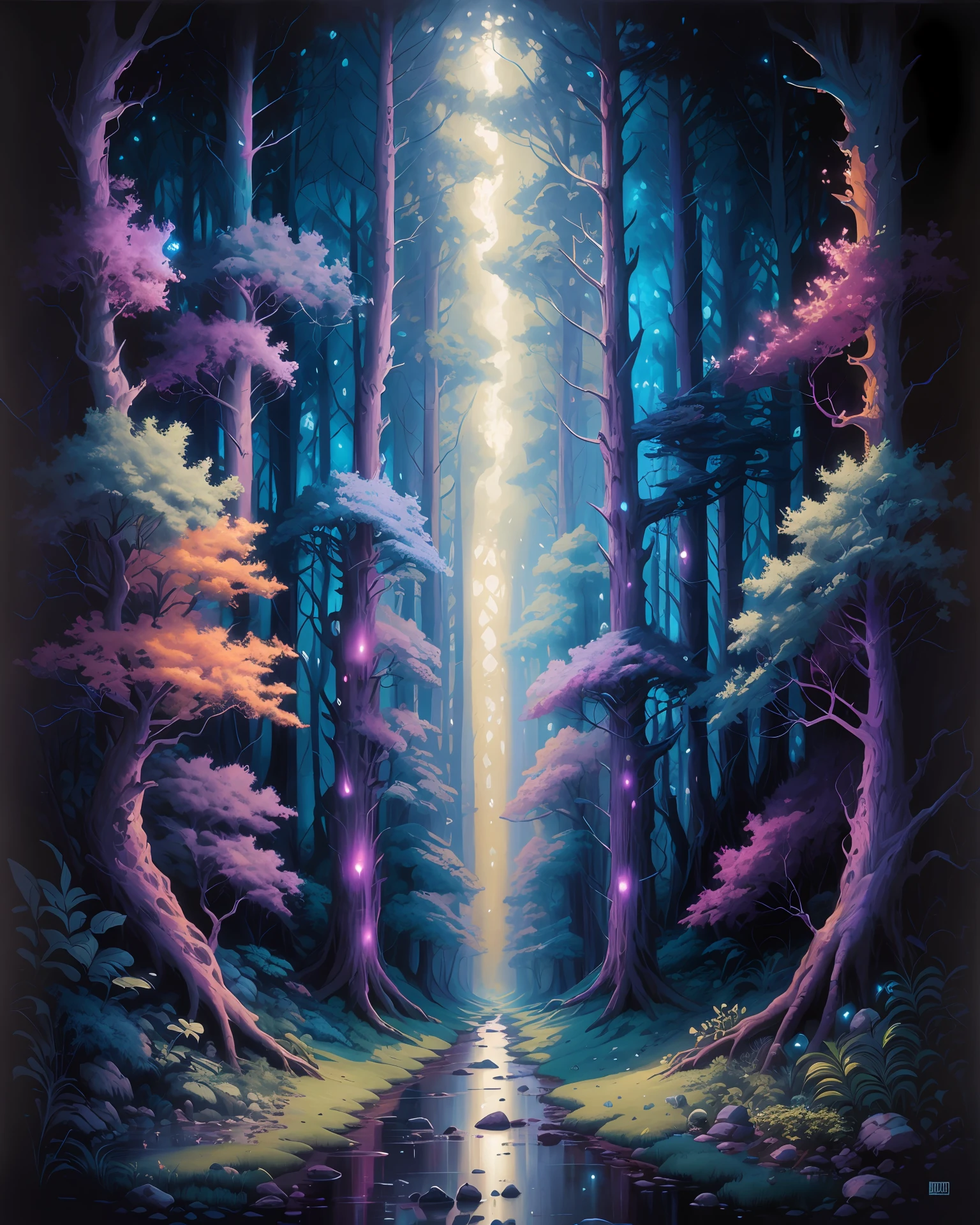 painting of a forest with a stream and trees in the foreground, El Bosco e Dan Mumford, Dan Mumford e Thomas Kinkade, Dan Mumford e Peter Mohrbacher, Dan Mumford Tom Bagshaw, No estilo Dan Mumford obra de arte, Pintura de Dan Mumford, Dan Mumford e Albert Bierstadt, fractal thunder dan mumford, Dan Mumford e Alex Grey Estilo, Dan Mumford Tinta
