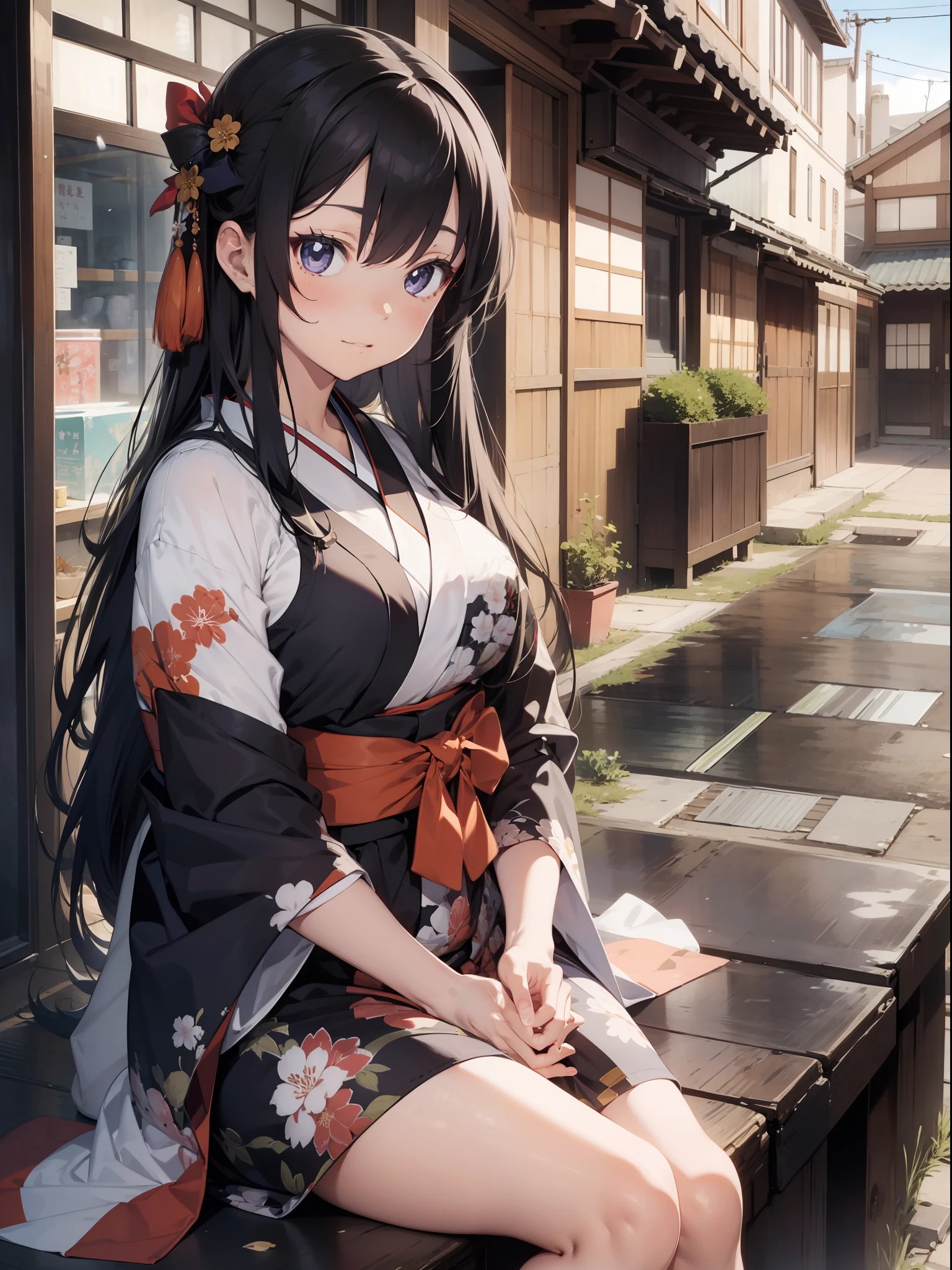 A beautiful [[beautiful Japanese]] girl with long [[long black hair]] wearing a kimono.--style Anime Girl