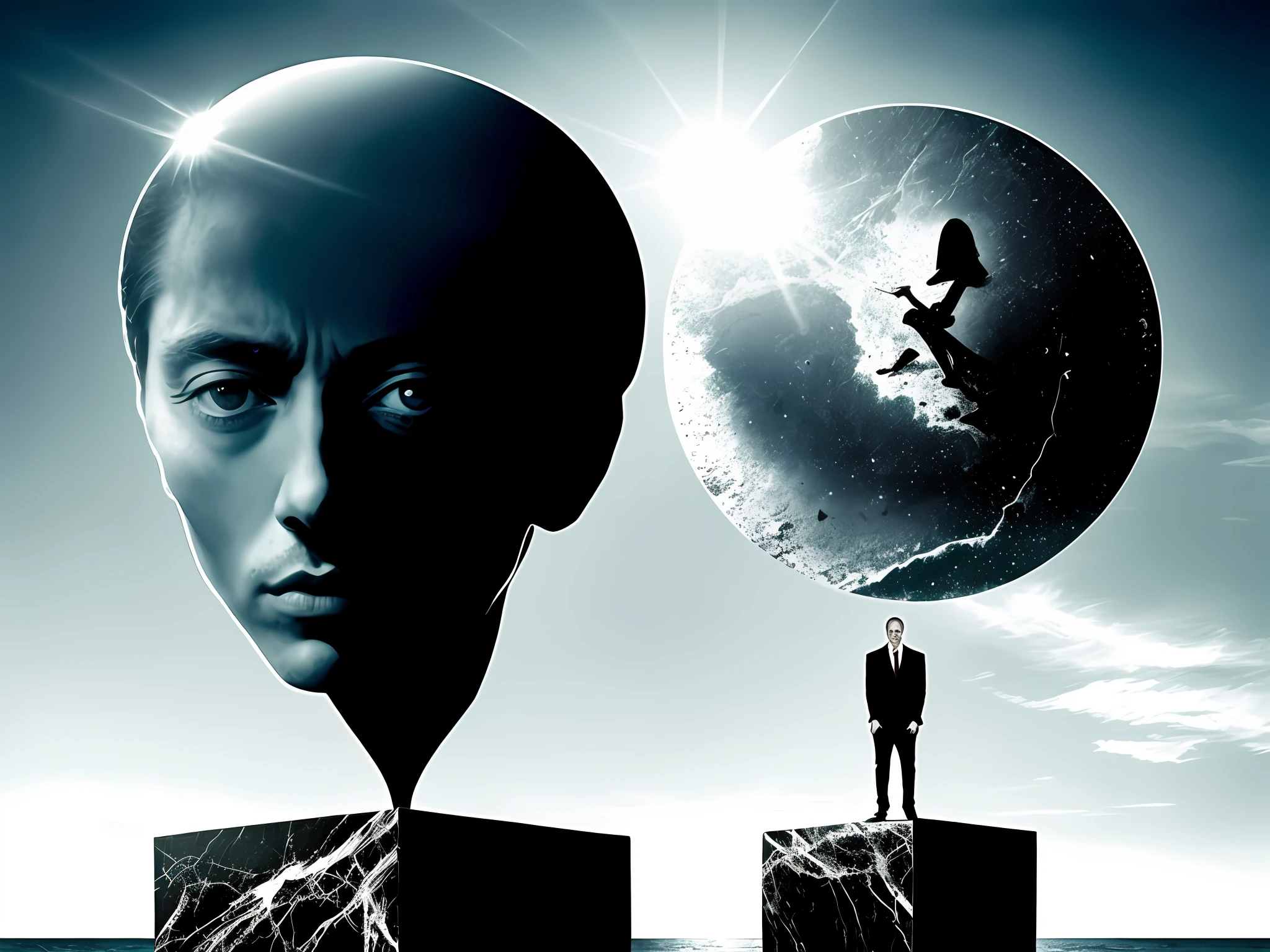 concept artwork, Salvador Dali+Rene Magritte+Architectural Art + b/w photography by Pierre Verger / style fusion /Eyeless man with sad expression sitting on a marble cube floating over the sea
/ mystical and spiritual atmosphere / dark tones / supernatural/Macro lens/Surreal juxtapositions/ Surrealism--ar 1080:1350 --c 12