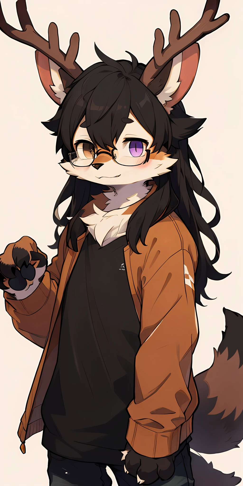 ((black hair)),(Long black spiky hair),cute,furry,black paws, black pawpads,1boy, femboy, fox,hybrid,deer,fox tail,fox ears,dark brown and tan,multicolored fur,uploaded on e621, by Alena Aenami , by Kenket , by Pino Daeni , by Ruan Jia , by Ross Tran , by Michael & Inessa Garmash , by Bypbap, antlers,purple eyes,black eyes,heterochromia,cartoon,thick lines, good colors, good composition, shy, long hair, hooves, antlers, tan fur, black fur, brown fur,((flat chest)), (dark brown body), ((dark brown body)), (glasses), ((glasses)), (brown fur), ((brown fur))