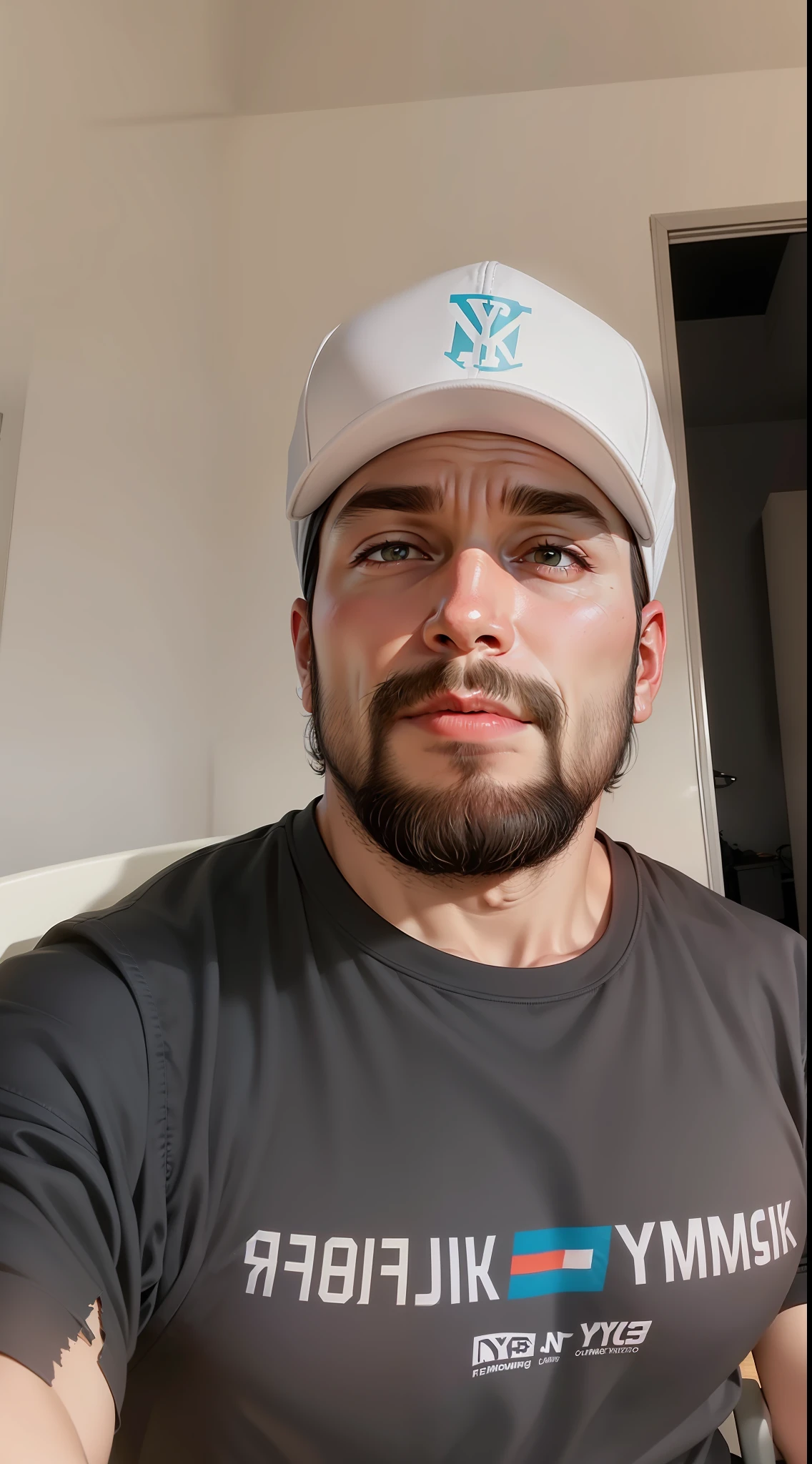 Homem com barba curta, white cap with the acronym NY, camisa preta com logo da Tommy Hilfing, sitting in a chair in an office, qualidade da imagem 4k realista humanizado --auto