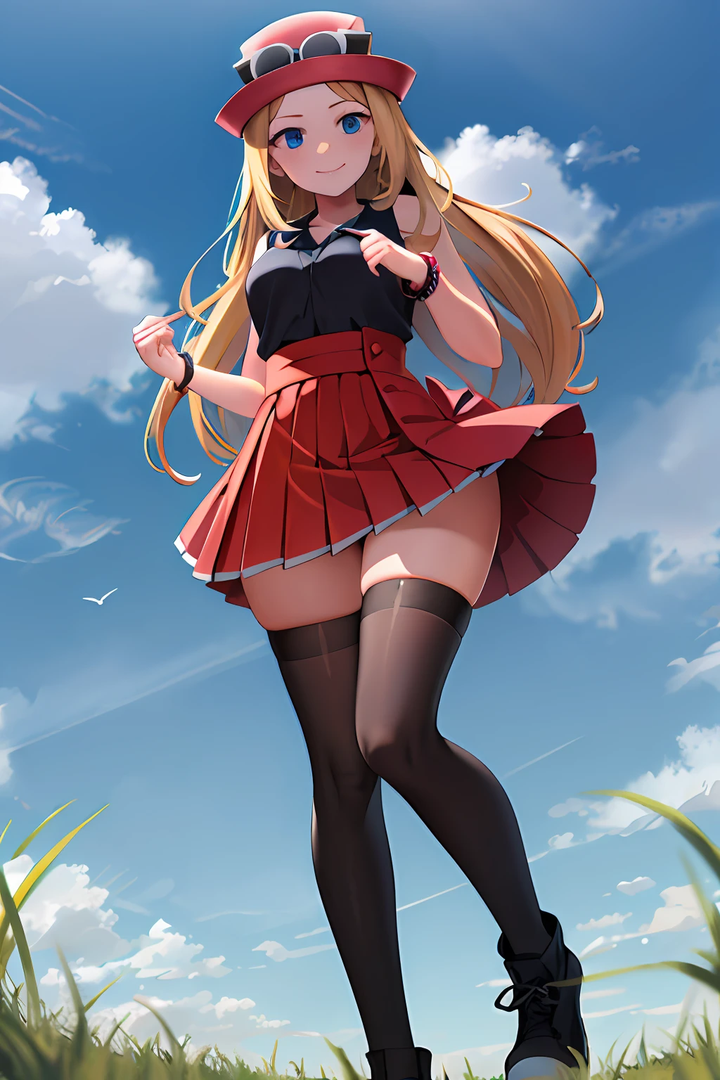 masterpiece, best quality, highres, blue eyes, serena \(pokemon\), 1girl, solo, thighhighs, long hair, hat, jewelry, bracelet, black thighhighs, collared shirt, pleated skirt, red skirt, sleeveless, high-waist skirt, sleeveless shirt, eyelashes, pink headwear, black shirt, eyewear on headwear, full body, field, smile, closed mouth, from below, thick thighs, looking down at viewer, upskirt,