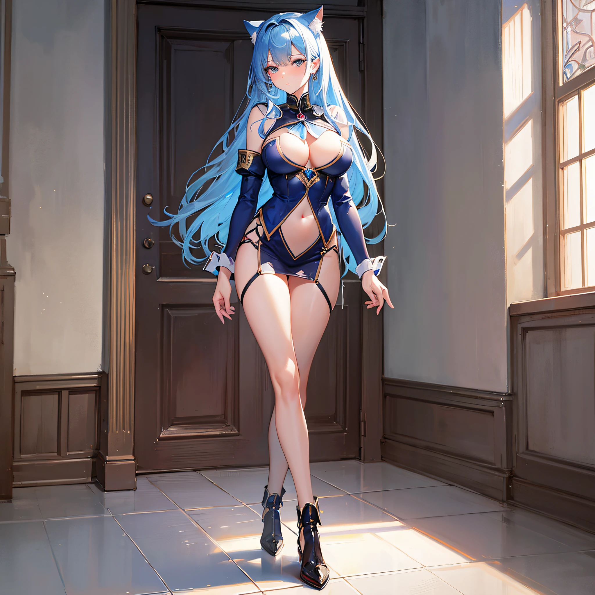 Absolutely beautiful cat lady, perfect slim body, mature, sky blue hair, royal sister face, uniform, sexy and alluring, beautiful face, full body portrait, standing pose, 4K picture quality, big body, feminine expression, blush shyness, outrageous bust, deep eyes,