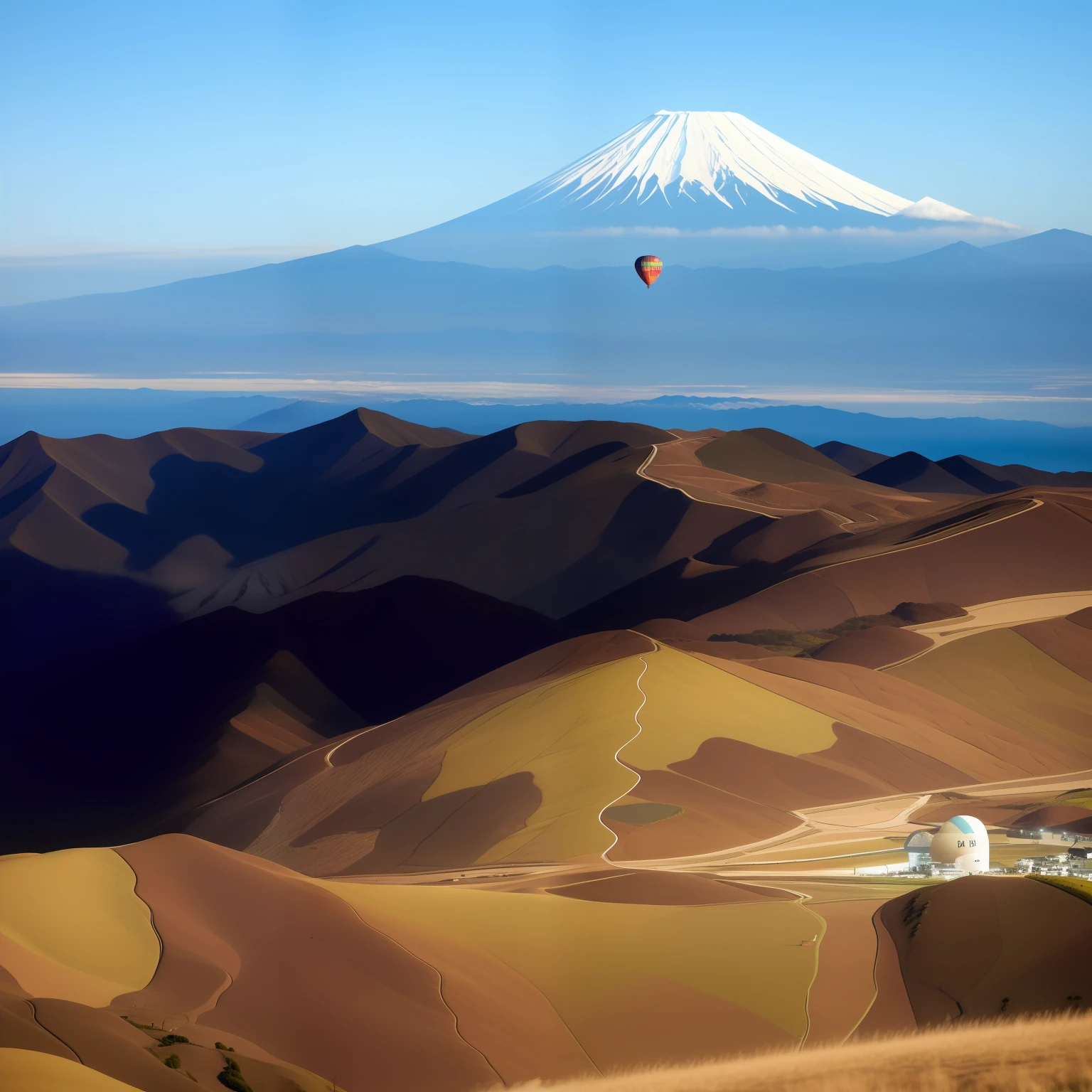 A hot air balloon floating over Suruga Bay, with Mount Fuji in the background. The image captures a serene and peaceful evening scene. The weather is cloudy, adding a soft and dreamy atmosphere to the composition. The camera used is a high-quality model, ensuring exceptional photo quality. The perspective is chosen to showcase the vastness of Suruga Bay and the majestic presence of Mount Fuji in the background. The lighting is diffused, casting a gentle glow on the landscape. The depth of field is carefully adjusted to capture both the details of the hot air balloon and the distant beauty of Mount Fuji. The shutter speed is set to freeze the motion of the balloon while maintaining a sense of movement in the surrounding clouds. The overall result is a captivating image that transports viewers to the tranquil beauty of Suruga Bay and the awe-inspiring sight of Mount Fuji.