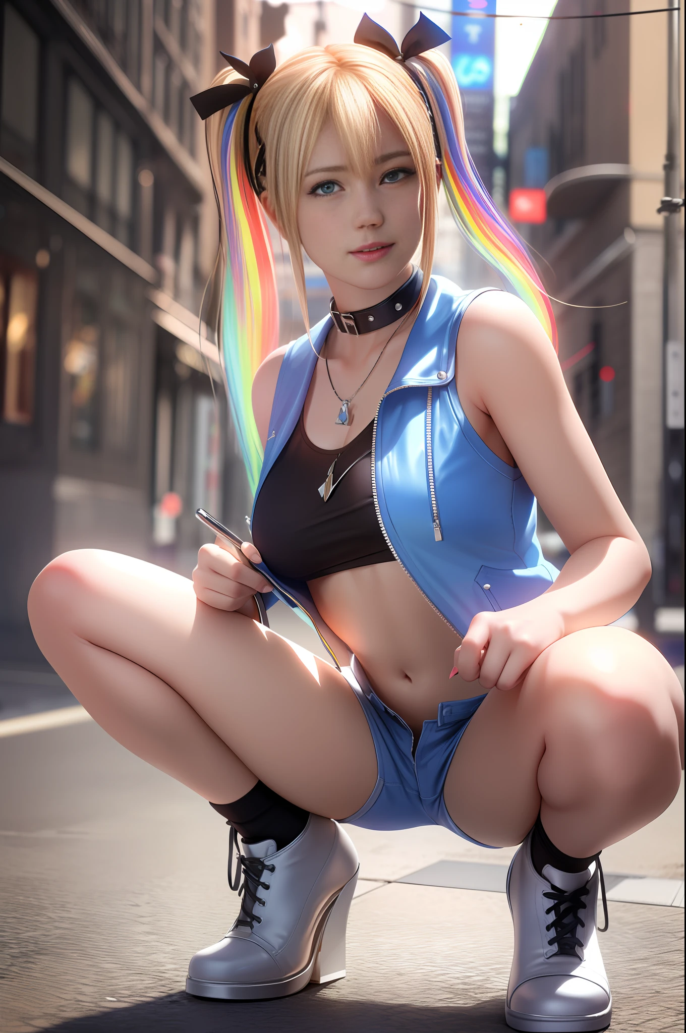 Marie Rose, (Contoured abs: 1.1), (Perfect body: 1.1), (Short wavy hair: 1.2), Blonde hair, Collar, chain, Full body photo, crowded streets, Wearing a transparent vest, ((Clear shorts)), (Extremely detailed CG 8k wallpaper), (Extremely delicate and beautiful), (Masterpiece), (Best quality: 1.0), (Ultra High resolution: 1.0), Beautiful lighting, Perfect lightning, Realistic shadows, [High resolution], Detailed skin, Ultra detailed ( ((colorful))), exposed panties, exposed underwear, exposed underwear, exposed underwear, vaginal passage implicitly seen, street squatting with legs open, camel hooves, hands more than ya