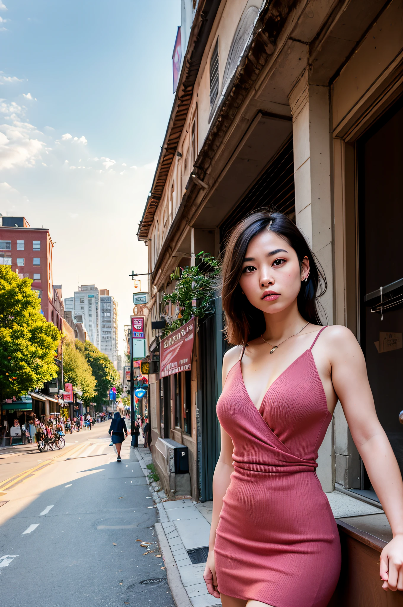 Imagine a stunning piece of ultra-realistic AI art that portrays a serene scene in the heart of New York City. A 20-year-old Asian woman with dark, flowing hair sits gracefully on a weathered bench, her delicate frame adorned in a vibrant pink dress that catches the eye. The sun gently descends, casting a warm, golden glow over the bustling street as the cityscape hums with life. In this masterpiece, every intricate detail is meticulously rendered to capture the essence of the woman's expression, the texture of her dress, and the play of light and shadow on her surroundings. The artist skillfully portrays the introspective moment when the young woman, amidst the vibrant cityscape and the tranquility of the sunset, contemplates her dreams, aspirations, and the vast possibilities that await her. Let this artwork inspire emotions, evoke a sense of wonder, and transport viewers to the heart of New York's energetic streets, all through the magic of ultra-realistic AI art.