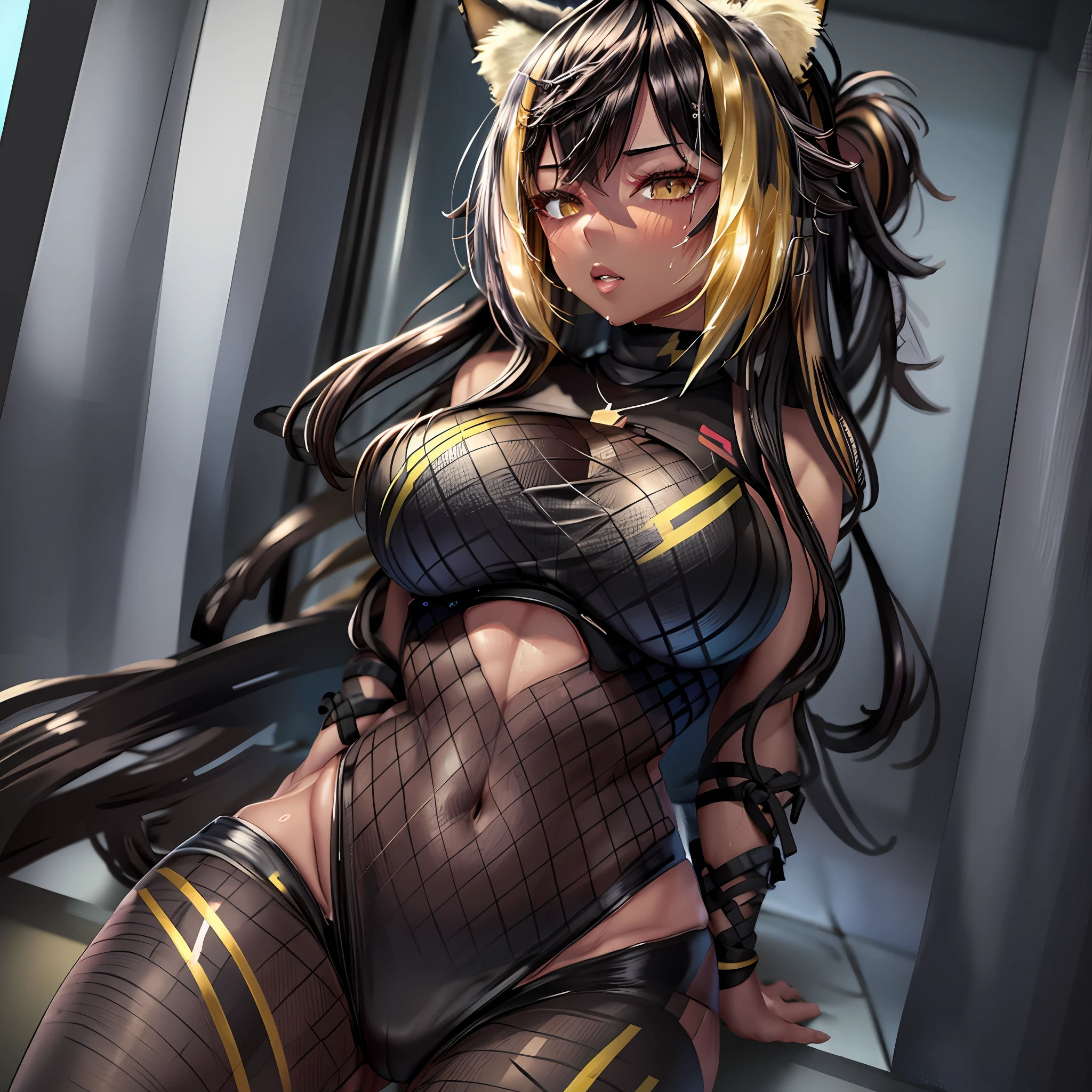 (hmnc1, animal-ears, tail, dark-skinned, multicolored hair)1girl,solo((sweat))heavy breathing,huge breasts,bodysuits,in sram toilet,abs,skinny((Master peace,8k))