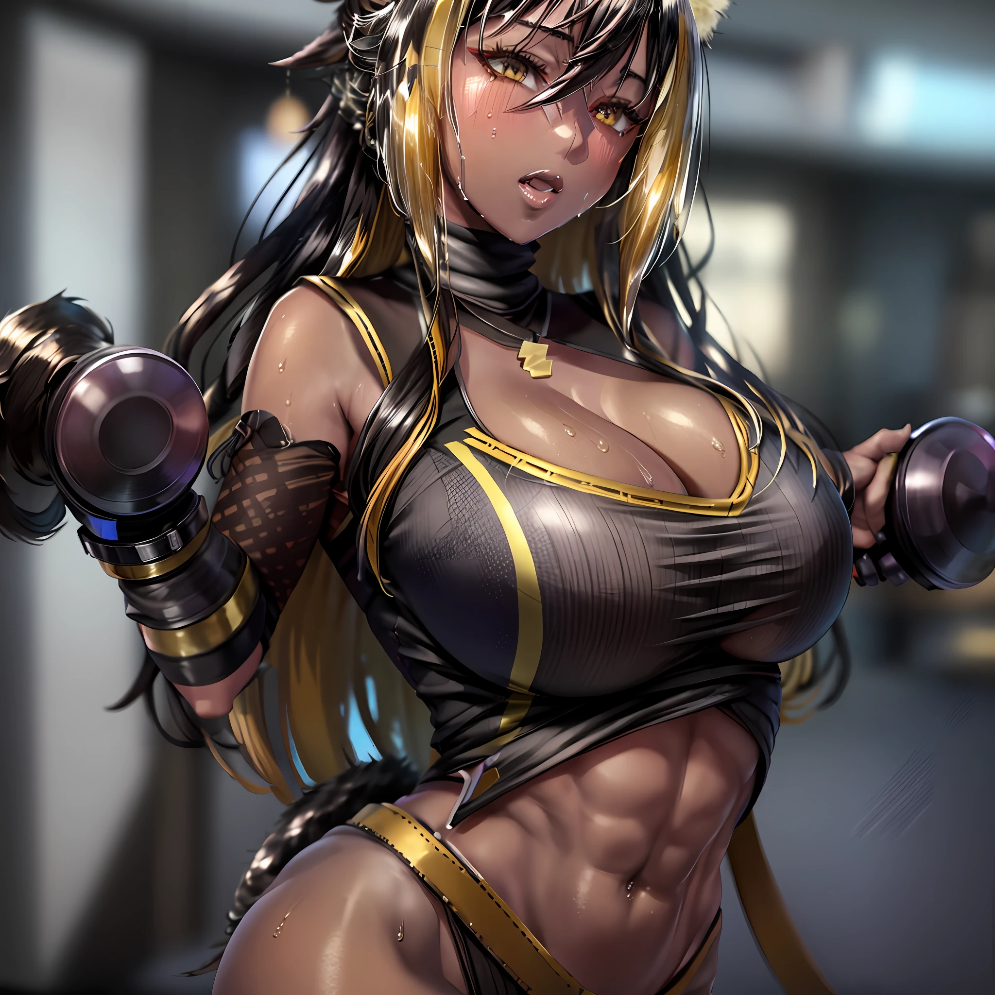 (hmnc1, animal-ears, tail, dark-skinned, multicolored hair)1girl,solo((sweat))heavy breathing,huge breasts,bodysuits,in gym,abs,skinny((Master peace,8k))