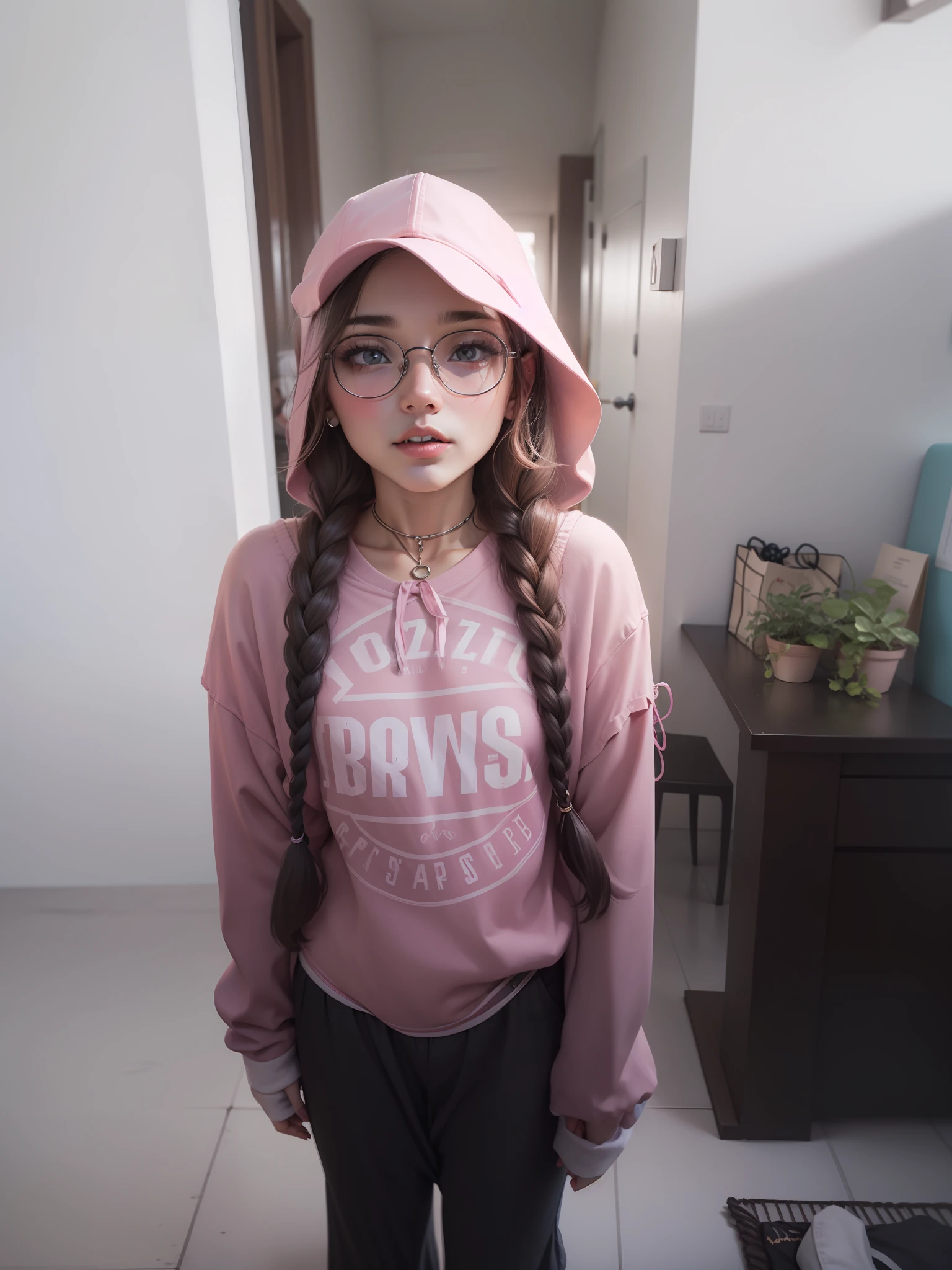 Girl with braids, oculos, capuz rosa, roupa social em nova iorque