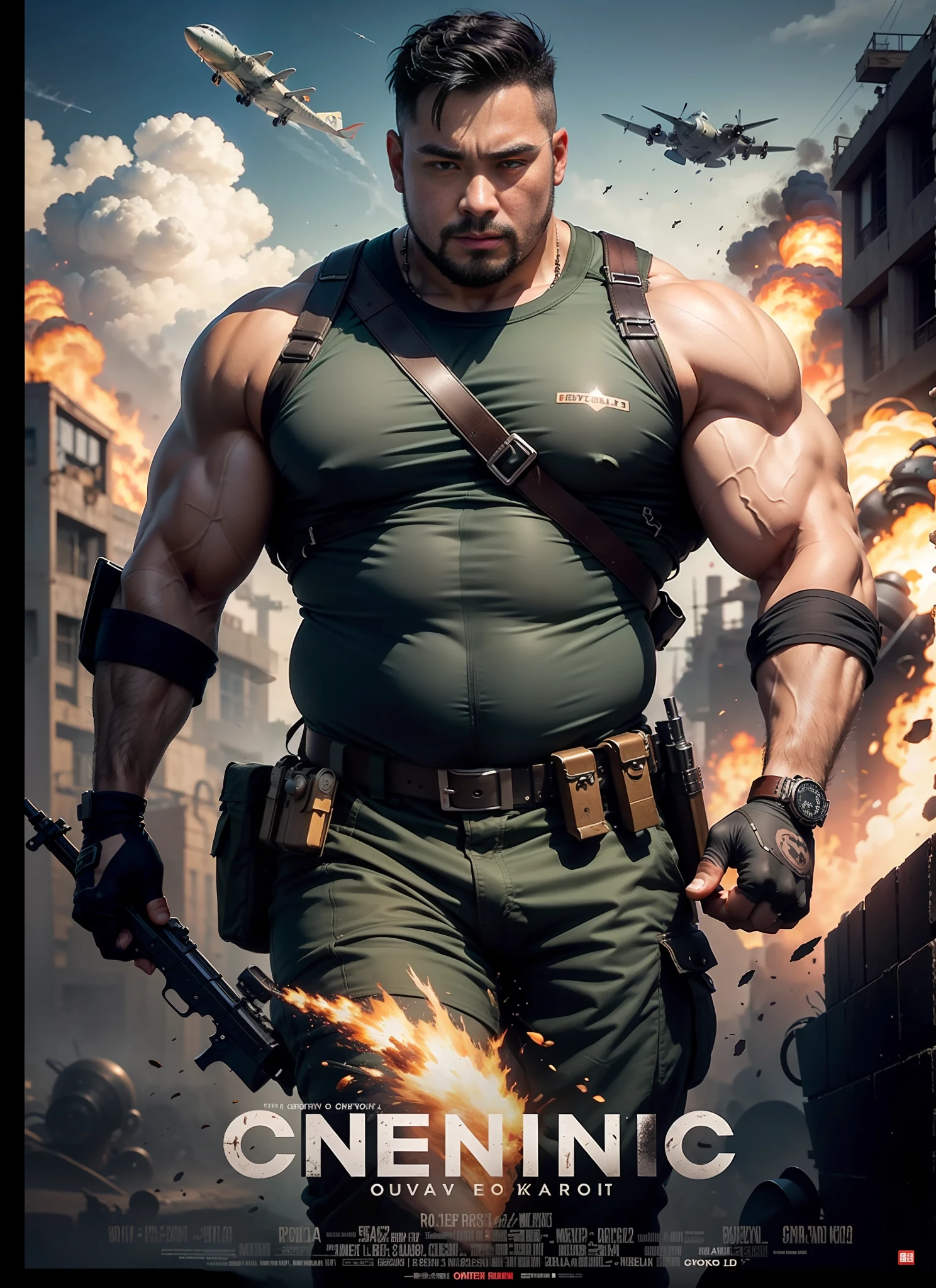 Movie Poster Commando，obesity，guangtou，Chines，Korean men，Muscular man，Chubby flat head bald asian man，, medium dark long hair, with large gun in hand, roupa preta, rivets, Explosions, moto, Planes, just one body