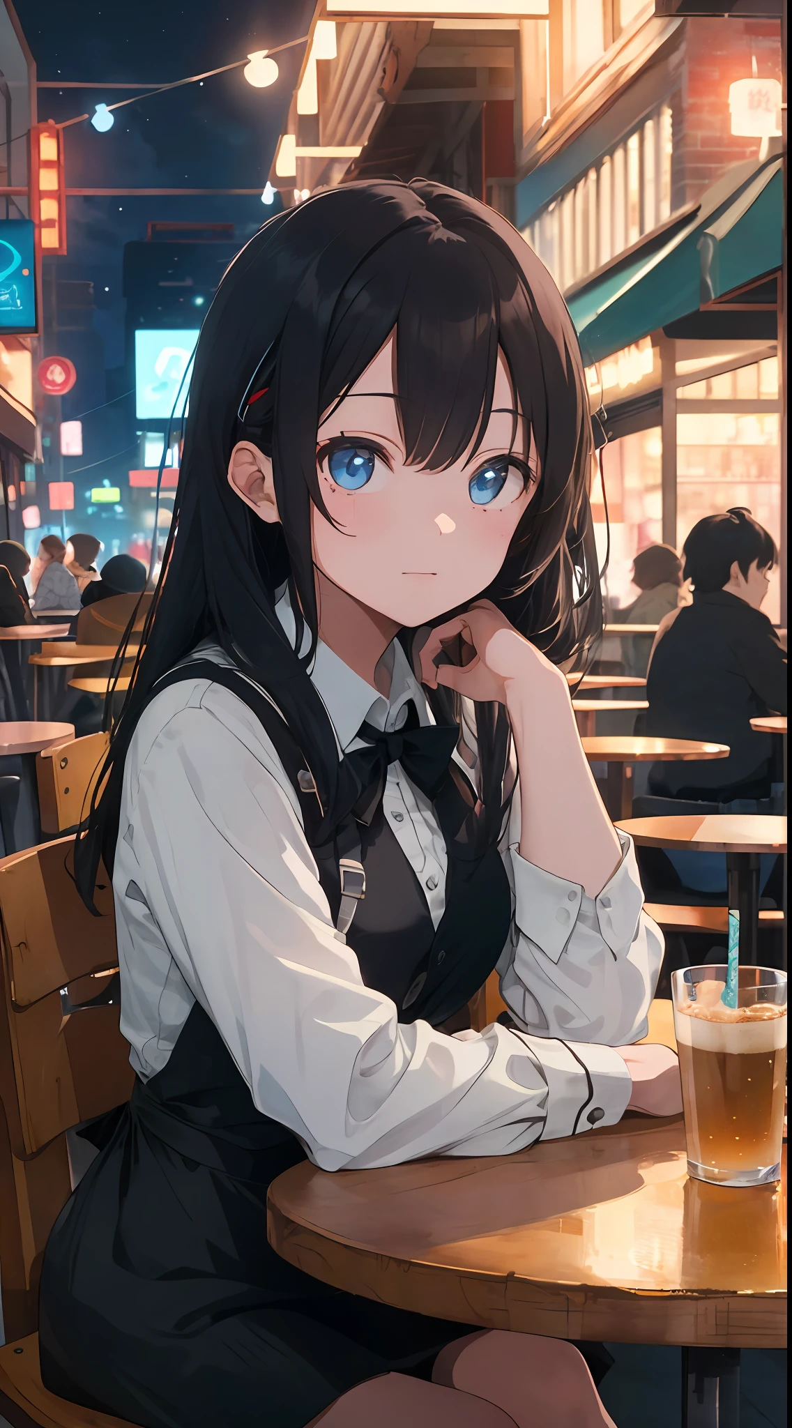 ((masterpiece,best quality,ultra detailed)),(pov across table),(arm support) , blue dark eyes, (arm rest),by the window,1girl,black hair,long hair,distracted,sitting,collared shirt,night,cafe,looking away,neon lights,streetspace