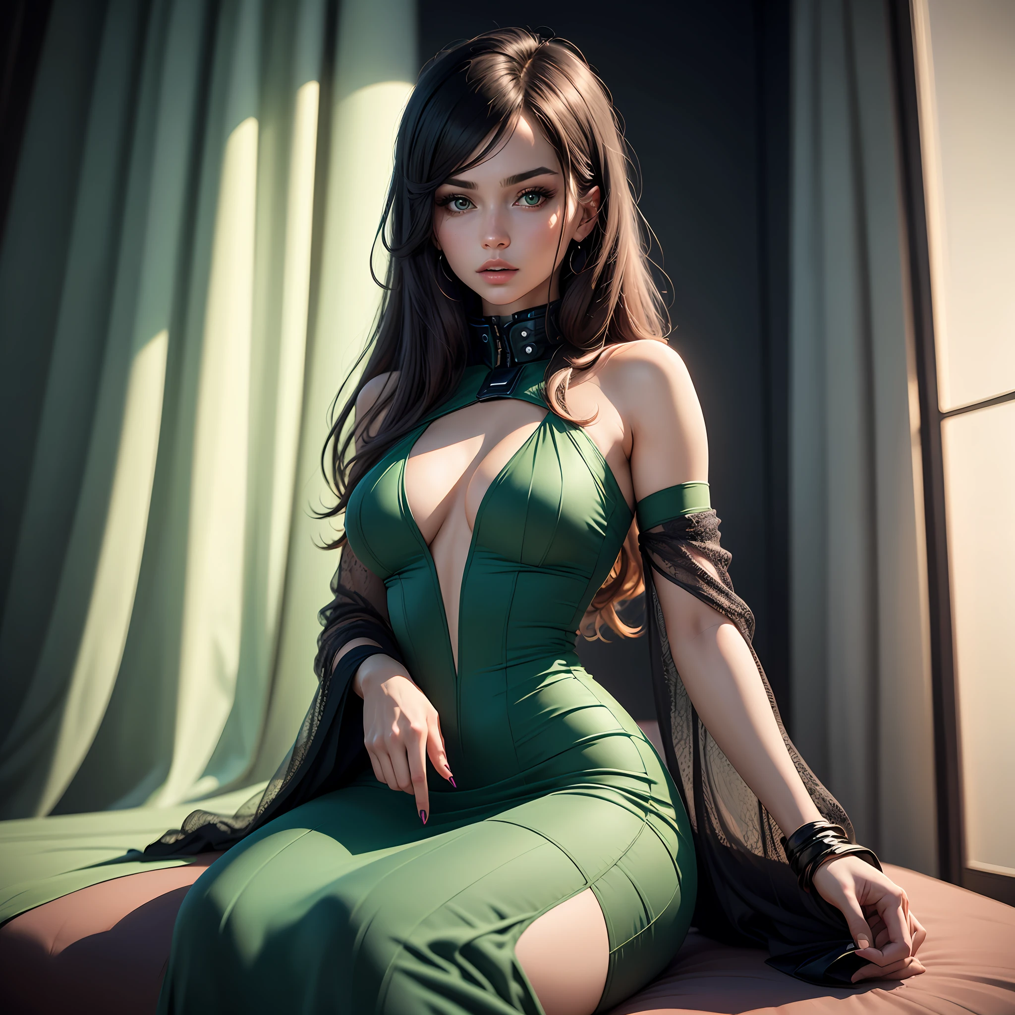 Pretty seductive woman wearing a flowing green balenciaga dress and black balenciaga hair, sitting in a cozy modern living room decorated with colourful curtains. Scifi background, in the style of Mandy Jurgens :: photorealistic, 4K, —ar 9:16 --uplight --auto