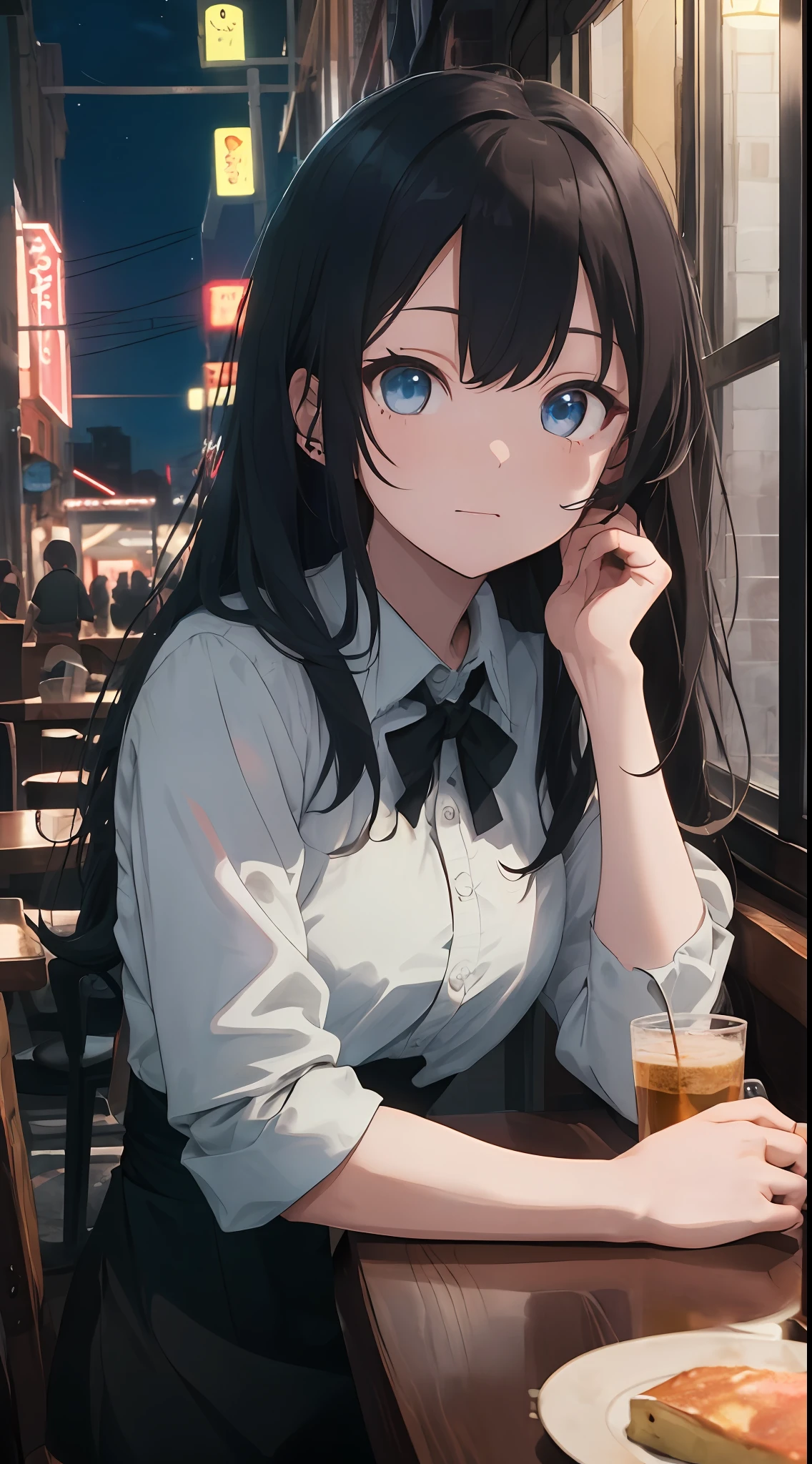 ((masterpiece,best quality,ultra detailed)),(pov across table),(arm support) , blue dark eyes, (arm rest),by the window,1girl,black hair,long hair,distracted,sitting,collared shirt,night,cafe,looking away,neon lights,streetspace