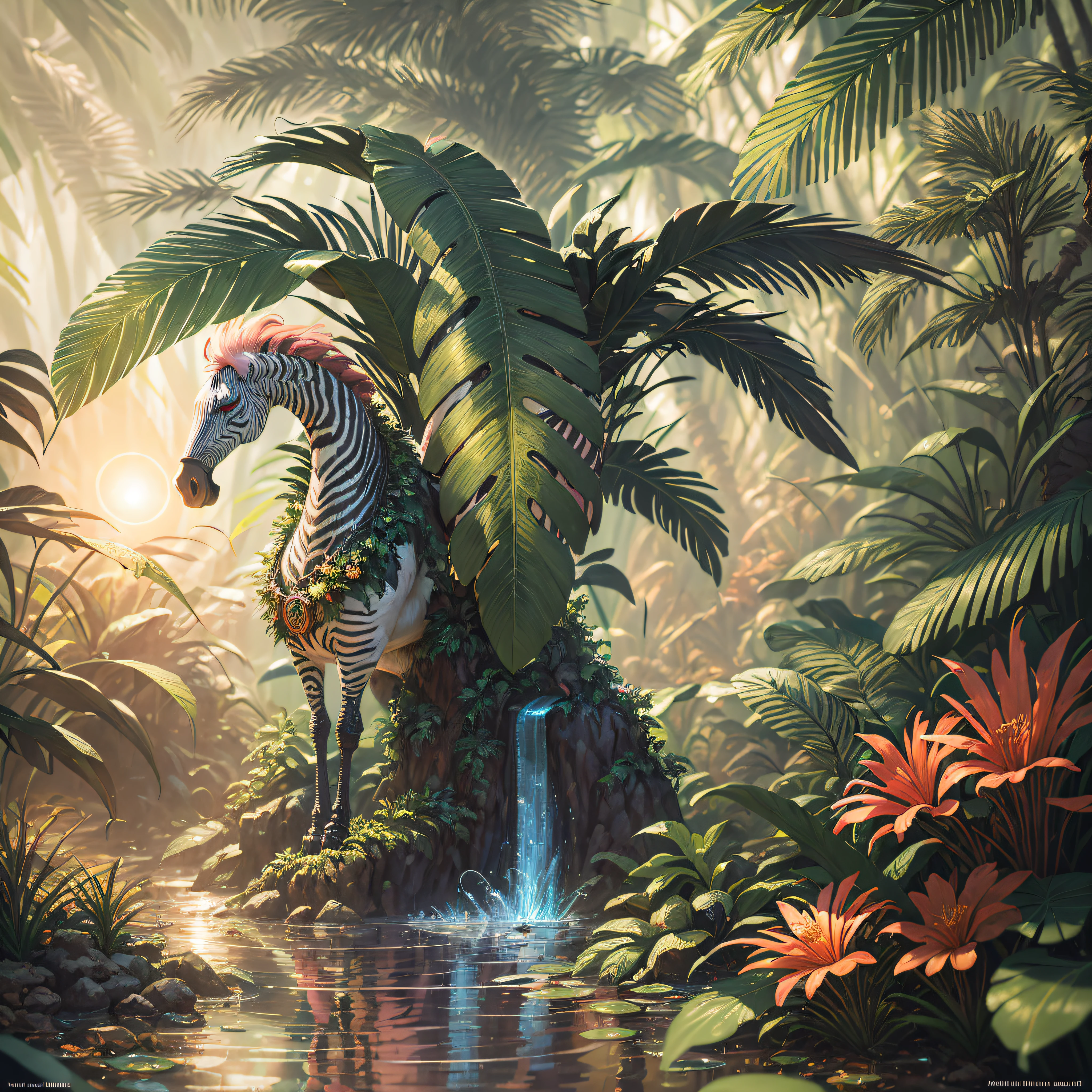 In a mountainous dense tropical jungle, gnomes and magical fairies, a winged zebra flying in the background and flamingos in a dense jungle, dense tropical jungle, lush palm trees, wet foliage after heavy rain, sunset shining through the leaves of the trees, beautiful digital artworks, magnificent animals, Beeple and James Jean, Beeple and Tim Hildebrandt, digital fantasy illustration, highly detailed digital painting, behance quality, stunning digital illustration, award-winning painting, highly detailed digital art, beautiful digital illustration, artstation, artstation trend, cinematic lighting and HDR on stage IA, chromatic aberration, depth of field, intricate, bokeh, trend in CGsociety, dramatic, axis of the sun, masterpiece, (masterpiece, best quality: 1.2), 1time of heavy rain, creating a mystical situation of enchantment, behance trend, zebra standing on a rock in a tropical jungle with a waterfall, fantasy jungle, lush oasis, mysterious jungle painting, beautiful jungle, magical jungle, highly detailed 4k digital art, 4k detailed digital art, jungle landscape, inspired by T.I. Hildebrandt, behance fantasy art