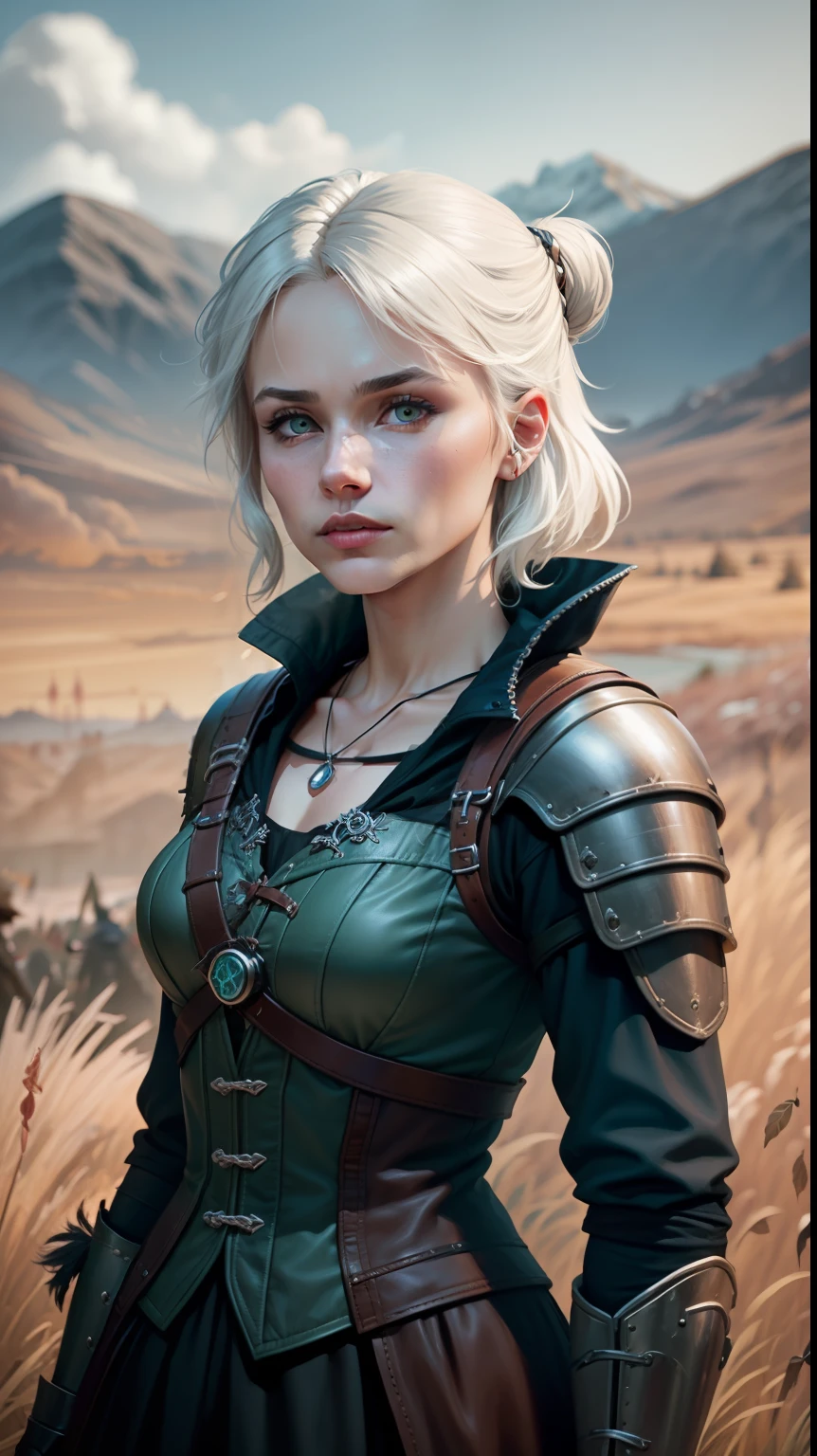 The Witcher in a leather outfit with a fur collar, fur and leather armor, Detailed Viking rune armor, black fur armor, Skyrim armor, fur armor, Scandinavian fantasy armor, Celtic and cyberpunk armor, Dark leather armor, Kitsune-style armor, flowing clothing and leather armor, Leather clothing in fantasy style, inspired by Skyrim, Leather armor, Detailed Viking armor.