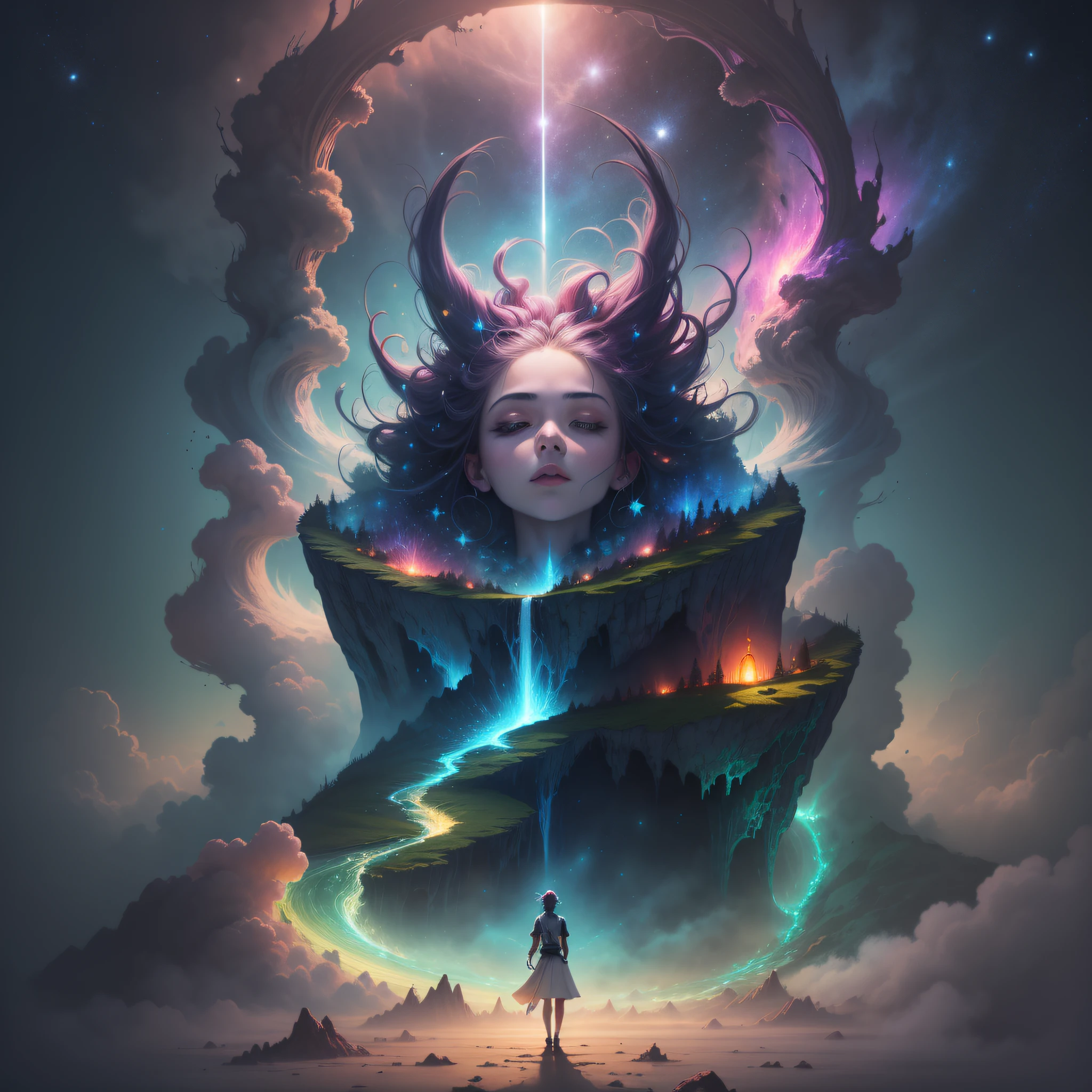Picture a captivating banner for a music and psychedelic imagery channel. The scene is set in a cosmic dreamscape, with a celestial backdrop adorned with shimmering stars and nebulae. The atmosphere is mystical and enigmatic, evoking a sense of wonder and exploration. Imagine surreal landscapes with floating islands, cascading waterfalls, and lush vegetation. The banner should feature fantastical creatures and surreal elements that blend seamlessly with the dreamlike environment. The overall ambiance should be enchanting and transport viewers to a realm where imagination knows no bounds.