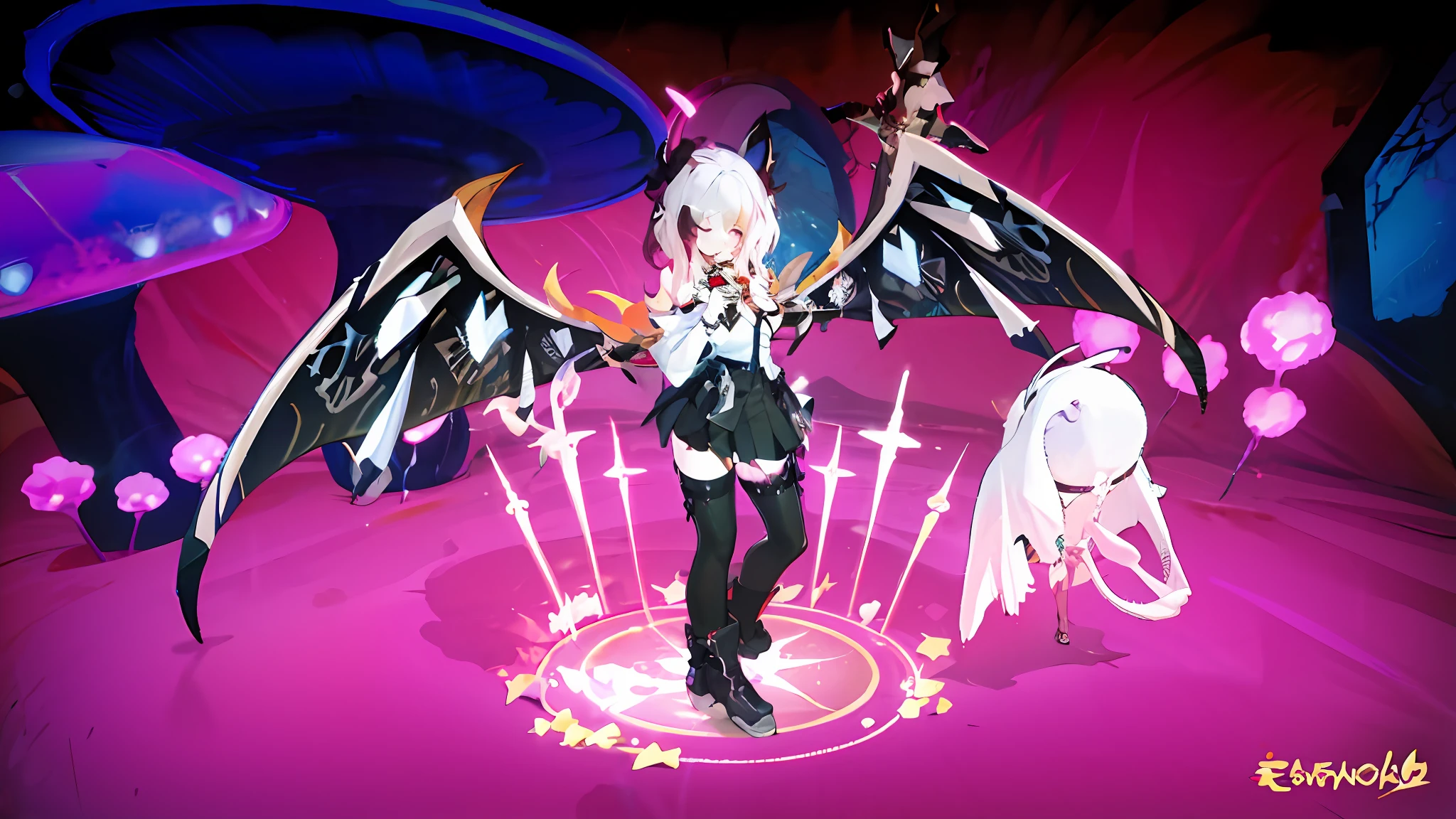 anime - Imagen de estilo de una mujer con alas de dragon, dark demonic dancer, shalltear bloodfallen, Pose de lanzamiento de hechizos, Impacto de Ayaka Genshin, grandes alas blancas brillantes, Ropa de bruja astral, con alas de diablo infernales, epic angel wings, of a ramlethal valentine, tiene alas negras, villainess has black angel wings, Segador de Noche!!!!, orejas de gato, catears girl, fox girl