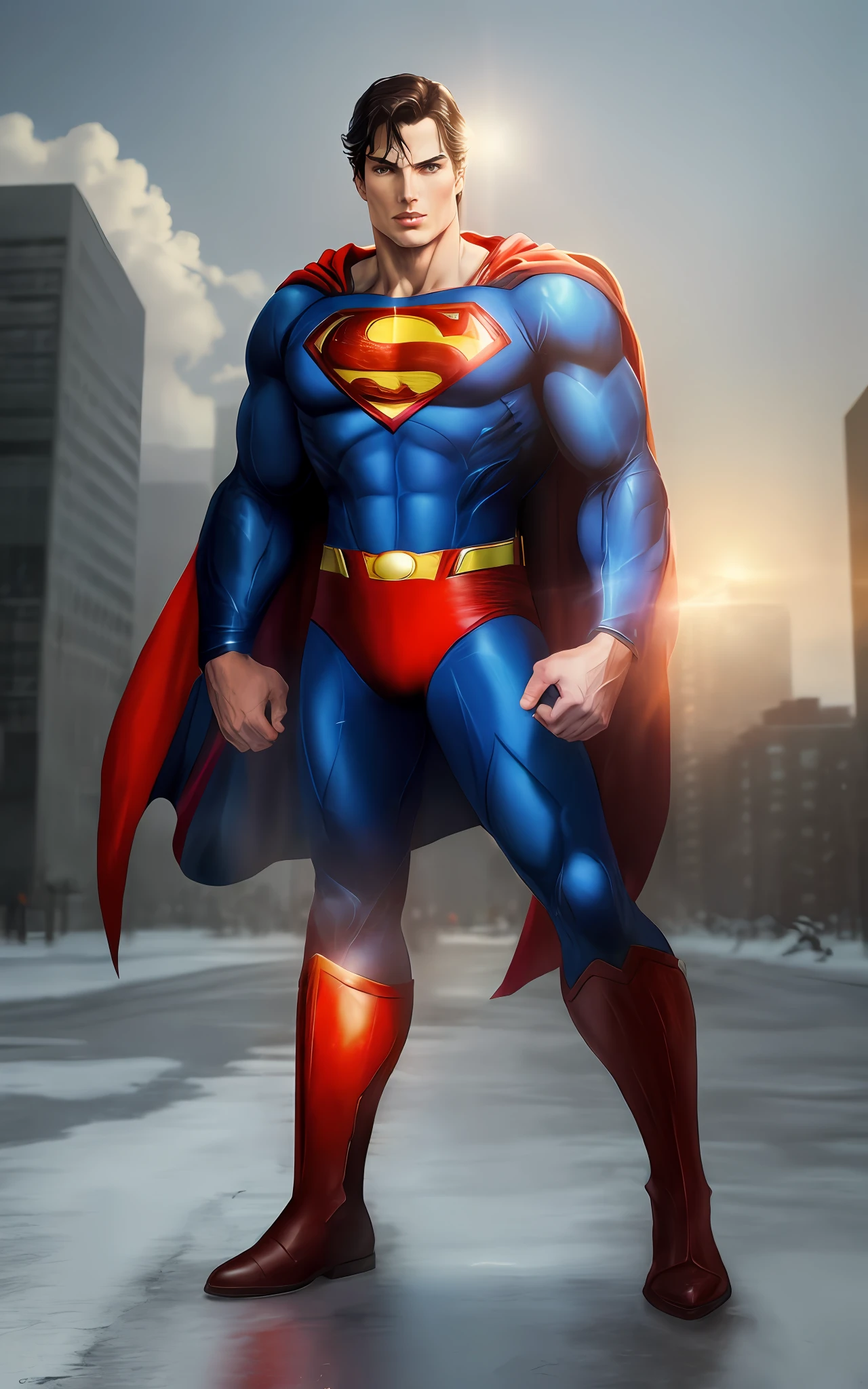 (best quality:1.3), (masterpiece:1.2), (realistic:1.2), (detailed:1.1), artwork by (Christopher Reeve is Superman:1.2). The artwork should be highly detailed and should accurately depict the character of Superman with perfect blue eyes, including his iconic uniform with blue cape and emblem, red and red sheared boots. The art must be created in a high resolution of 8K or 4K, and must be rendered in 3D to give a realistic quality. Art must also be created in 8D to add depth and dimensionality. The overall style of the work should be realistic, with an emphasis on capturing the vibrant colors. Be sure to include background and floor buildings with 3D texture. The artwork should be of the highest quality and should match the level of detail and realism found in professional Adobe Photoshop art.