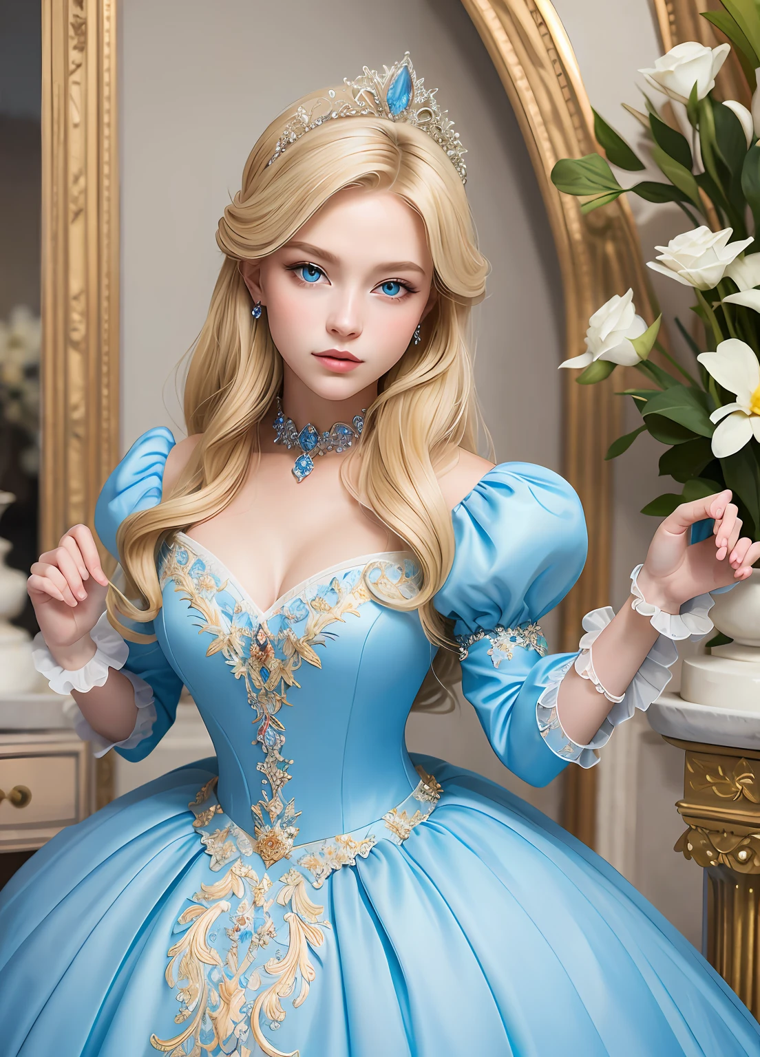 une jeune femme aux cheveux noirs longs, les yeux bleus, Beautiful as a goddess, style digital art, She is dressed in'une robe blanche fluide, background in a garden at night, high quality, Elegant, lisse, mise au point net
